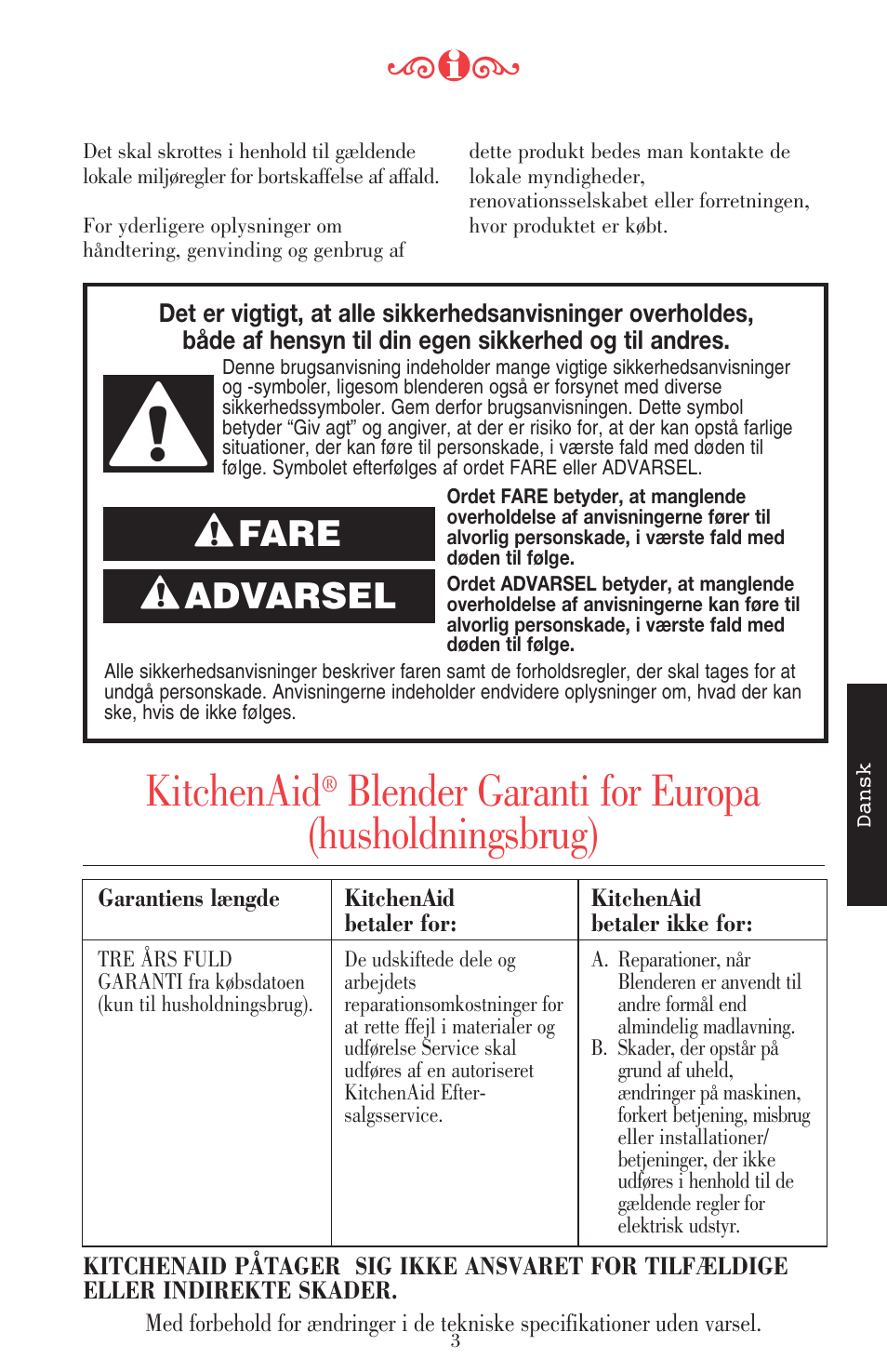 Kitchenaid, Blender garanti for europa (husholdningsbrug), Advarsel | Fare | KITCHENAID ULTRA POWER 5KSB52XXXX User Manual | Page 194 / 255