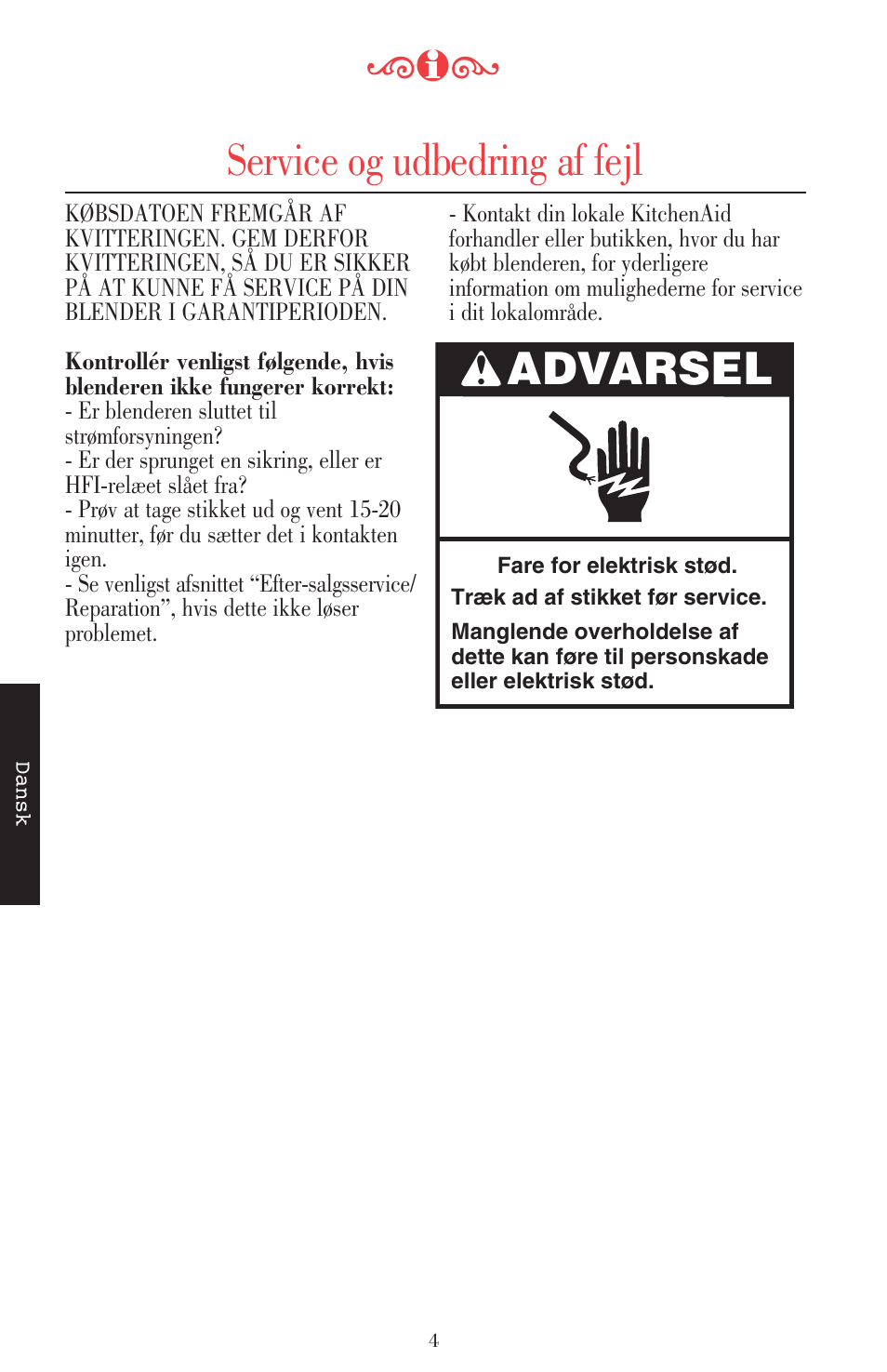 Service og udbedring af fejl, Advarsel | KITCHENAID ULTRA POWER 5KSB52XXXX User Manual | Page 195 / 255