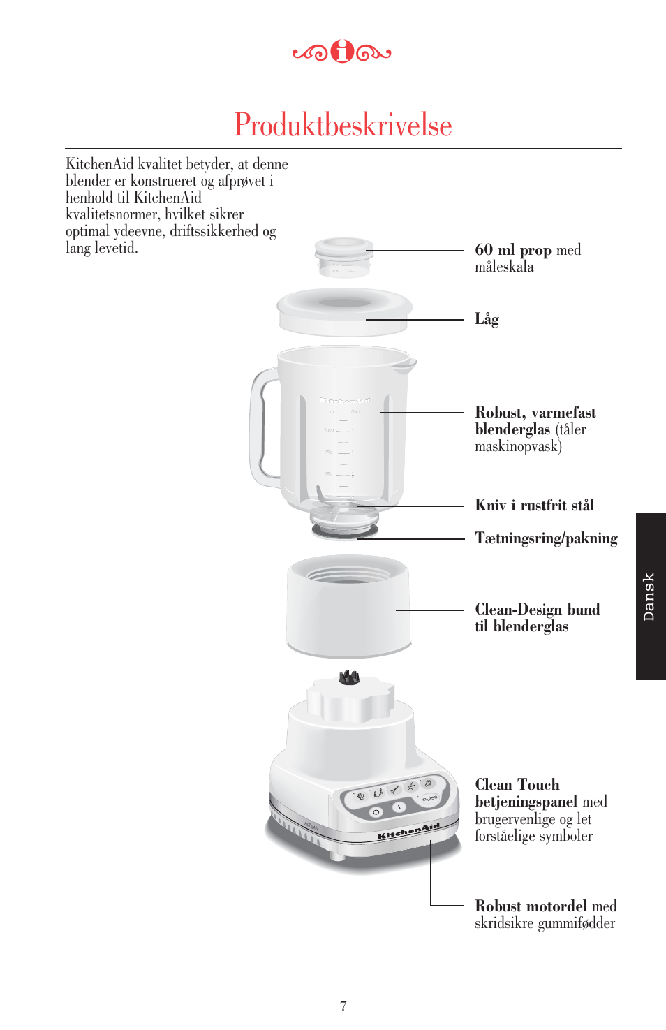 Produktbeskrivelse, Dansk | KITCHENAID ULTRA POWER 5KSB52XXXX User Manual | Page 198 / 255