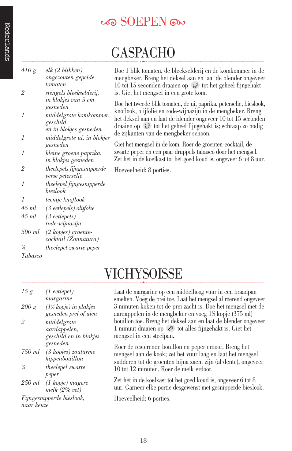 Vichysoisse, Gaspacho, Ķ soepen ĸ | KITCHENAID ULTRA POWER 5KSB52XXXX User Manual | Page 20 / 255