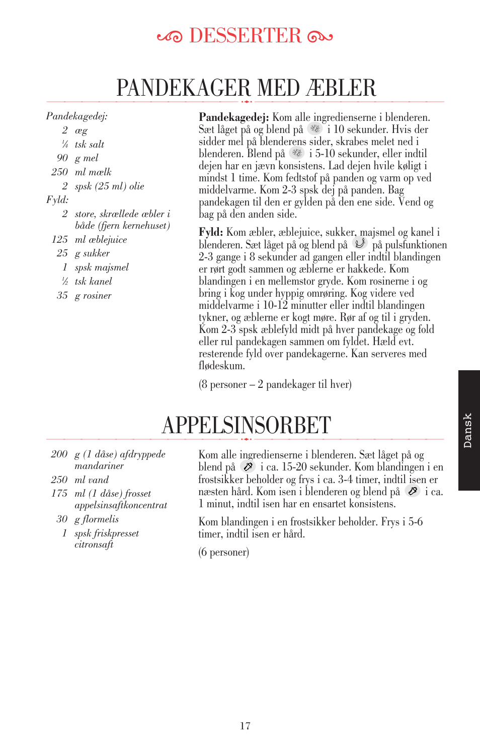 Appelsinsorbet, Pandekager med æbler, Ķ desserter ĸ | KITCHENAID ULTRA POWER 5KSB52XXXX User Manual | Page 208 / 255