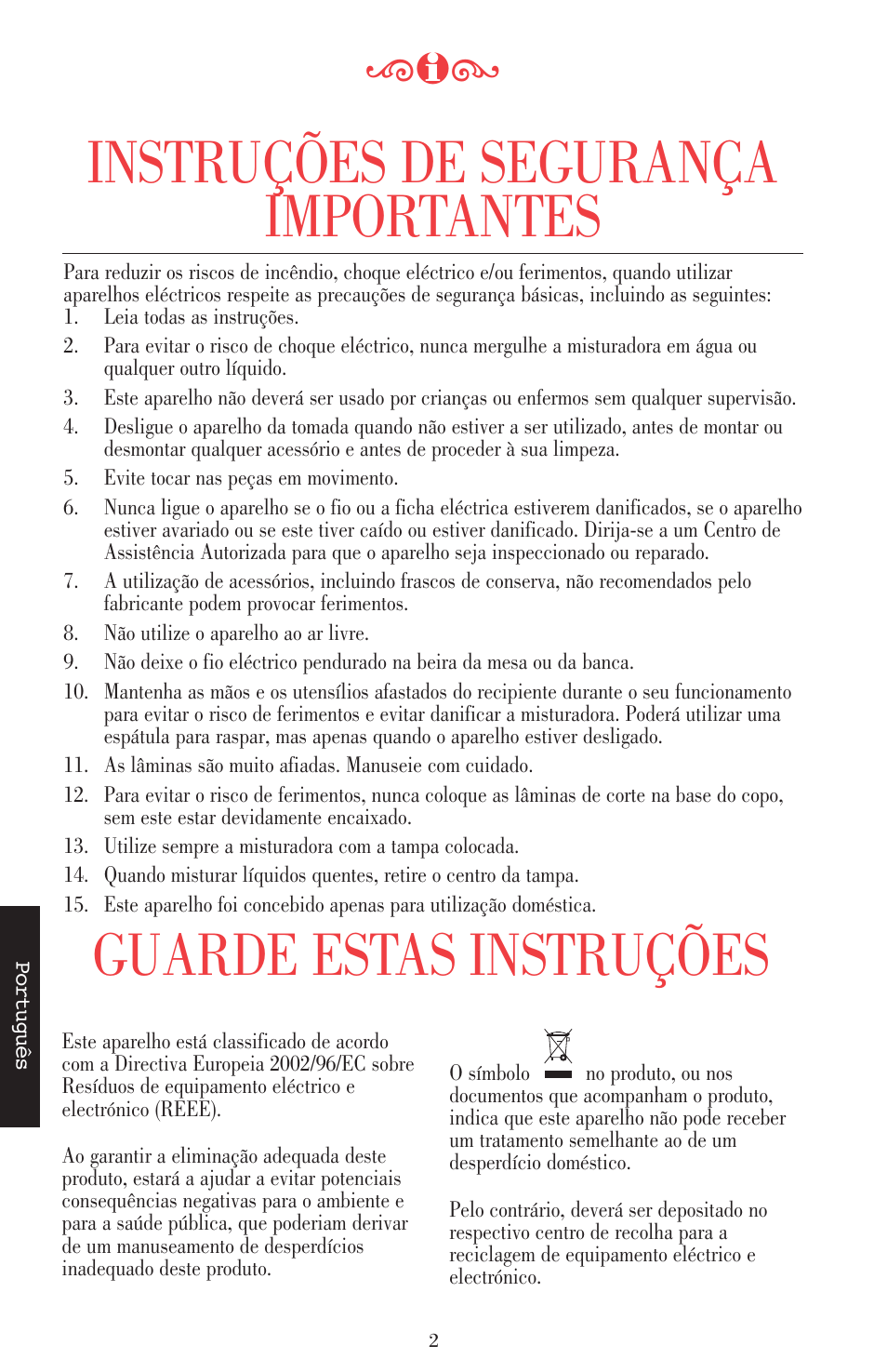 Instruções de segurança importantes, Guarde estas instruções | KITCHENAID ULTRA POWER 5KSB52XXXX User Manual | Page 214 / 255