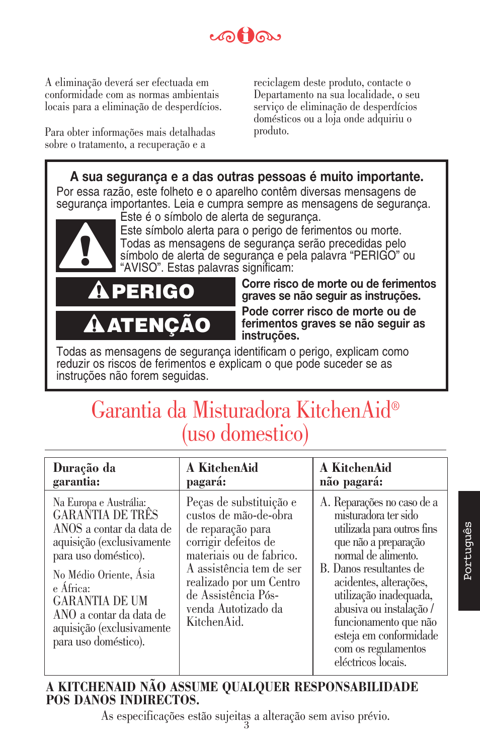Garantia da misturadora kitchenaid, Uso domestico), Atenção | Perigo | KITCHENAID ULTRA POWER 5KSB52XXXX User Manual | Page 215 / 255