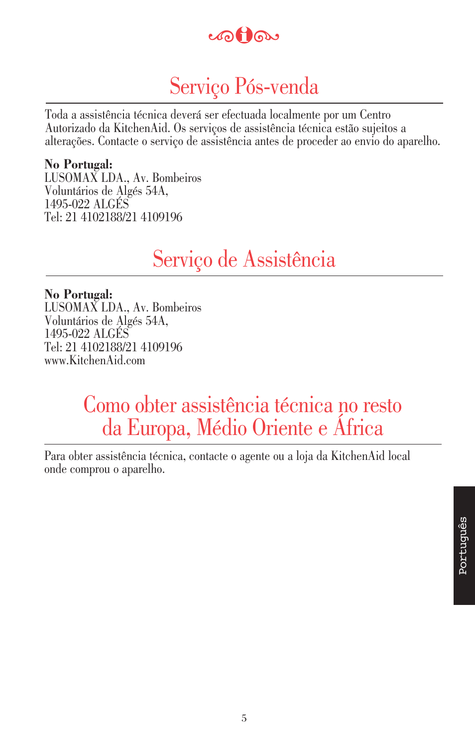 Serviço pós-venda, Serviço de assistência | KITCHENAID ULTRA POWER 5KSB52XXXX User Manual | Page 217 / 255