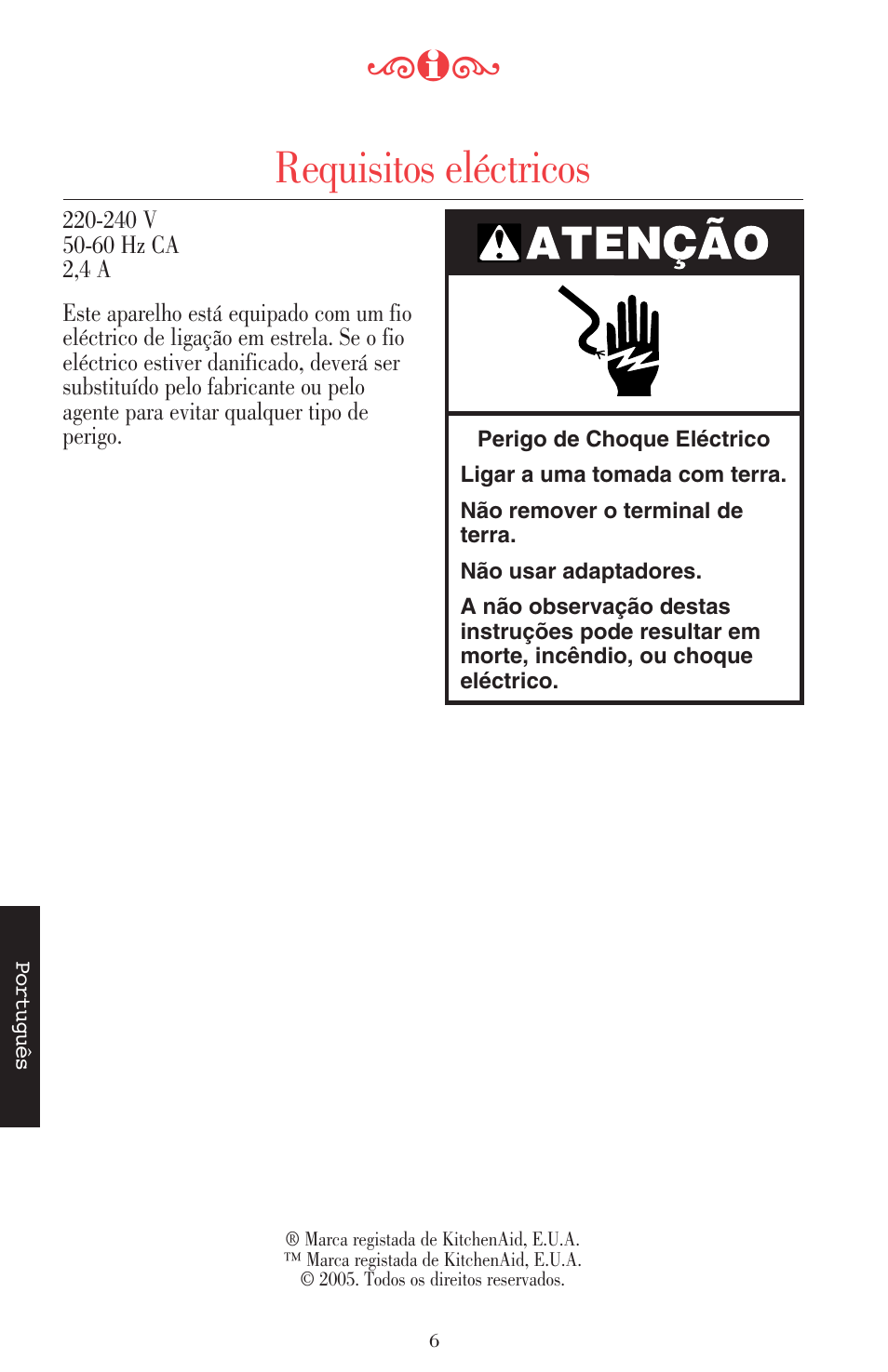 Requisitos eléctricos | KITCHENAID ULTRA POWER 5KSB52XXXX User Manual | Page 218 / 255