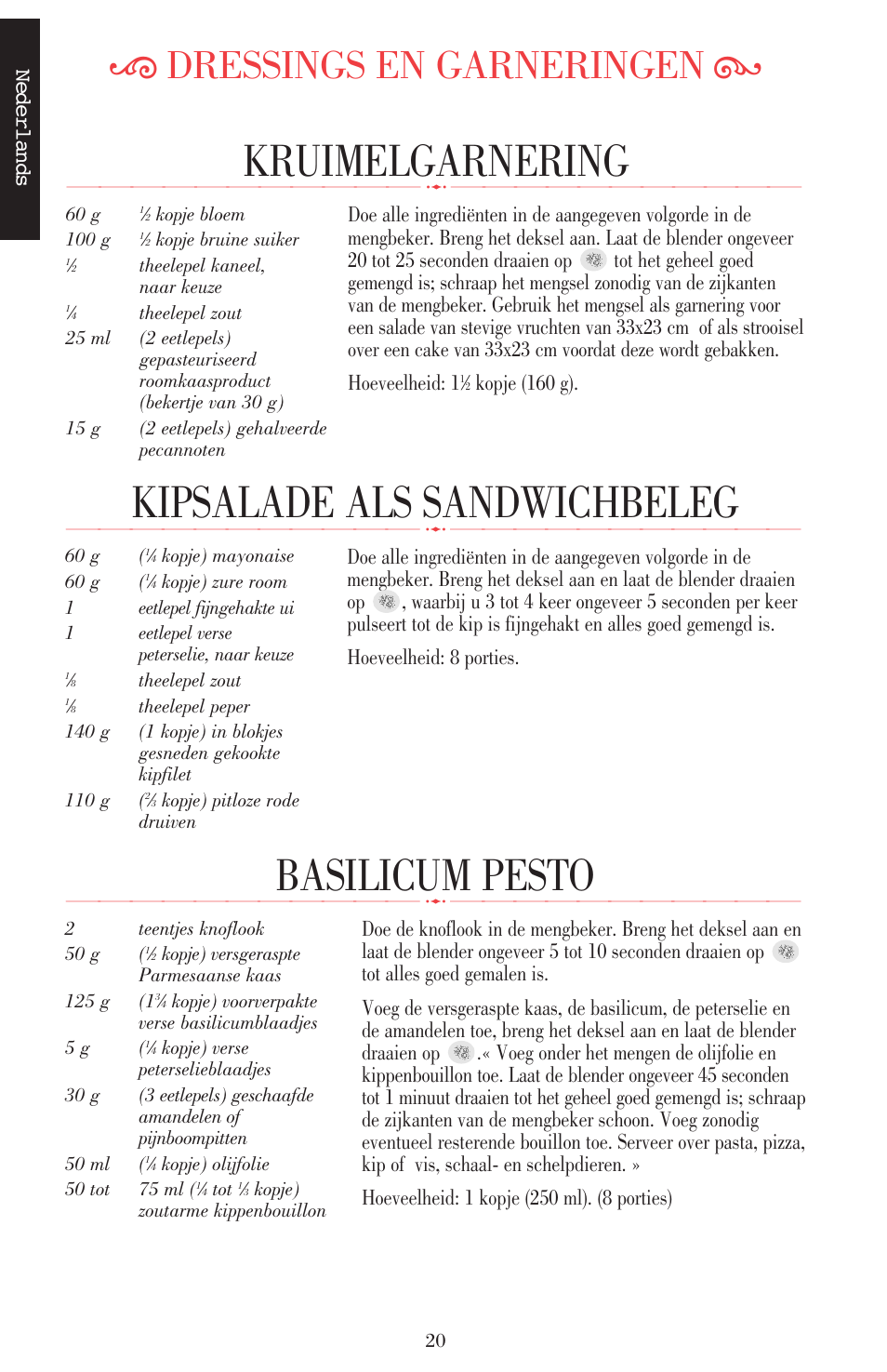 Kruimelgarnering, Kipsalade als sandwichbeleg, Basilicum pesto | Ķ dressings en garneringen ĸ, Nederlands, Kopje (160 g) | KITCHENAID ULTRA POWER 5KSB52XXXX User Manual | Page 22 / 255