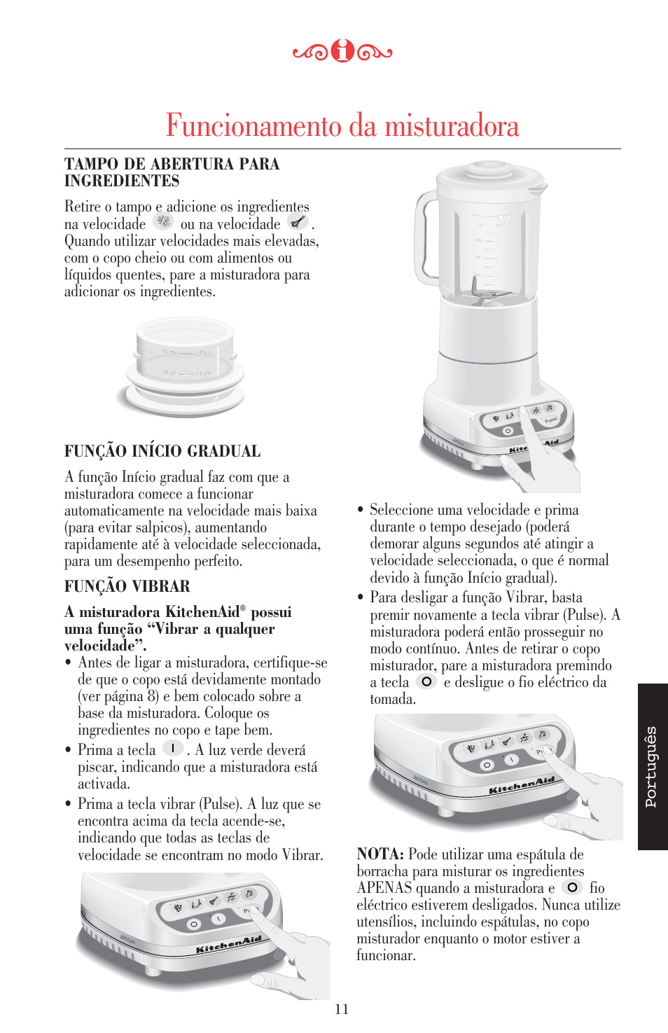 Funcionamento da misturadora, Português | KITCHENAID ULTRA POWER 5KSB52XXXX User Manual | Page 223 / 255