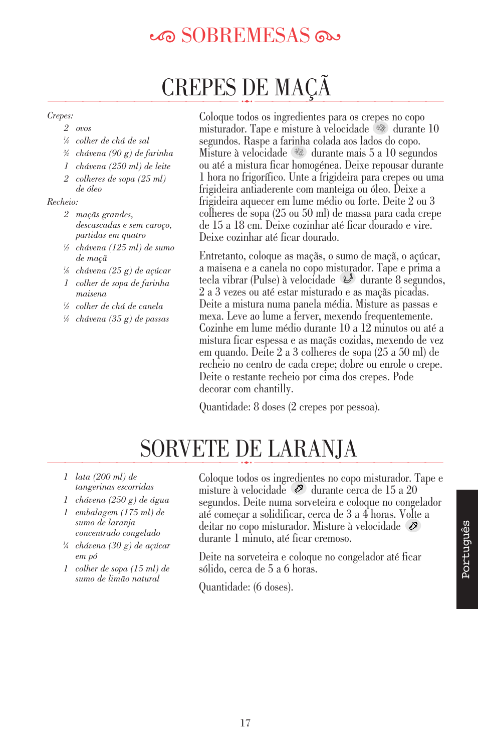 Sorvete de laranja, Crepes de maçã, Ķ sobremesas ĸ | Português | KITCHENAID ULTRA POWER 5KSB52XXXX User Manual | Page 229 / 255