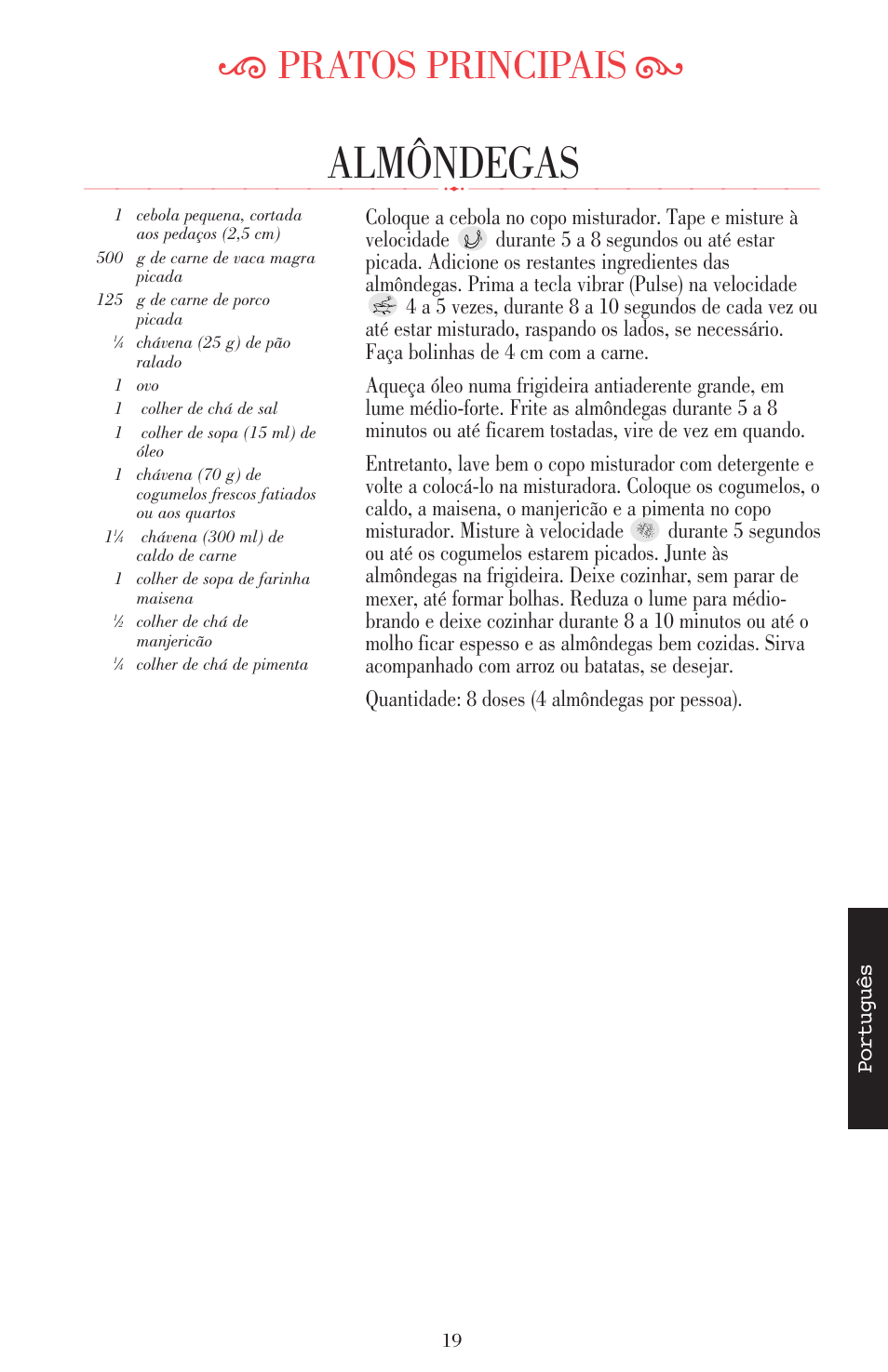 Almôndegas, Ķ pratos principais ĸ, Português | KITCHENAID ULTRA POWER 5KSB52XXXX User Manual | Page 231 / 255