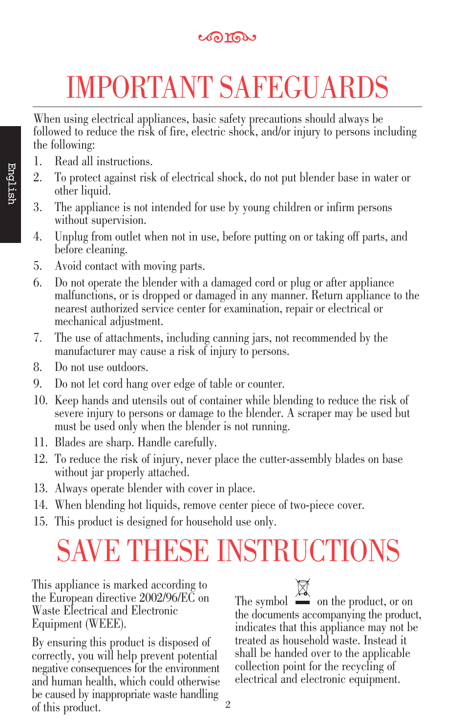 Important safeguards, Save these instructions | KITCHENAID ULTRA POWER 5KSB52XXXX User Manual | Page 25 / 255