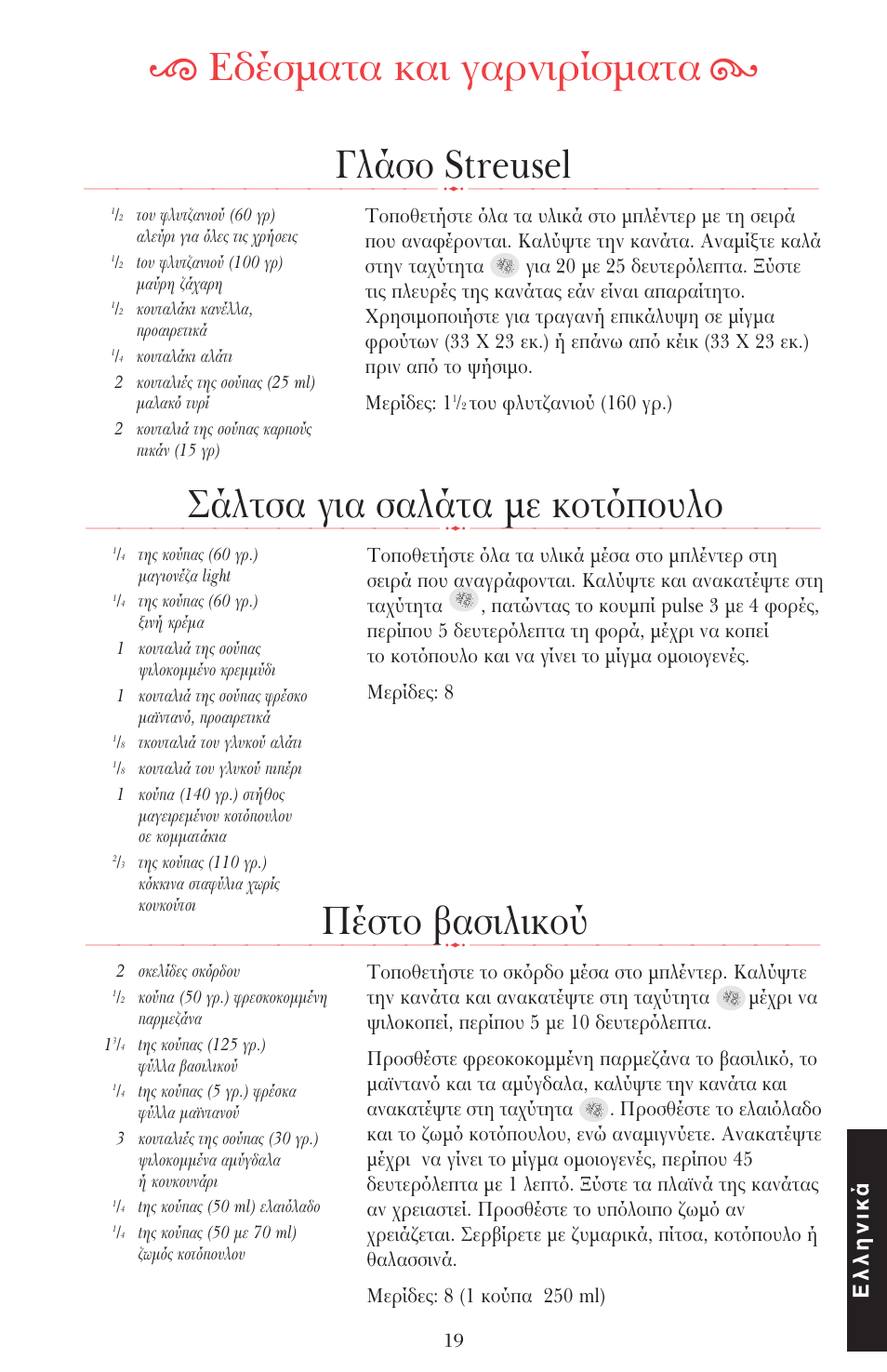 Γλάσ streusel ķ εδέσµατα και γαρνιρίσµατα ĸ, Πέστ ασιλικ ύ, Ελληνικά | Τ υ λυτ ανι ύ (160 γρ.) | KITCHENAID ULTRA POWER 5KSB52XXXX User Manual | Page 252 / 255