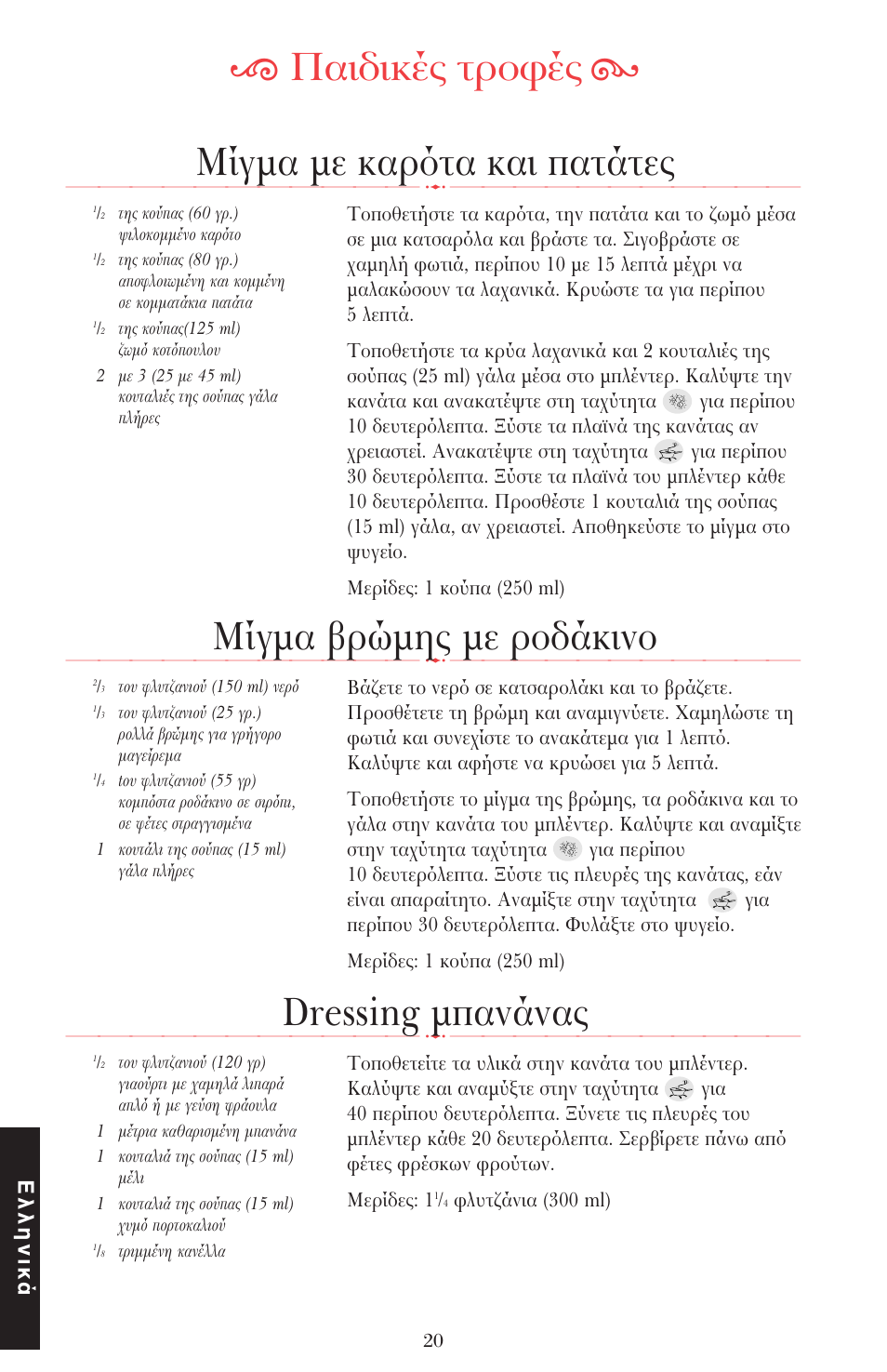 Ķ παιδικές τρ ές ĸ, Μίγµα µε καρ τα και πατάτες, Mίγµα ρώµης µε ρ δάκιν | Dressing µπανάνας, Ελληνικά | KITCHENAID ULTRA POWER 5KSB52XXXX User Manual | Page 253 / 255