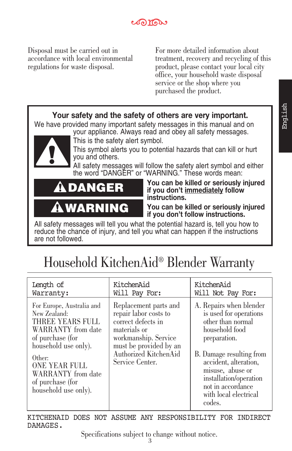 Household kitchenaid, Blender warranty, Warning | Danger | KITCHENAID ULTRA POWER 5KSB52XXXX User Manual | Page 26 / 255