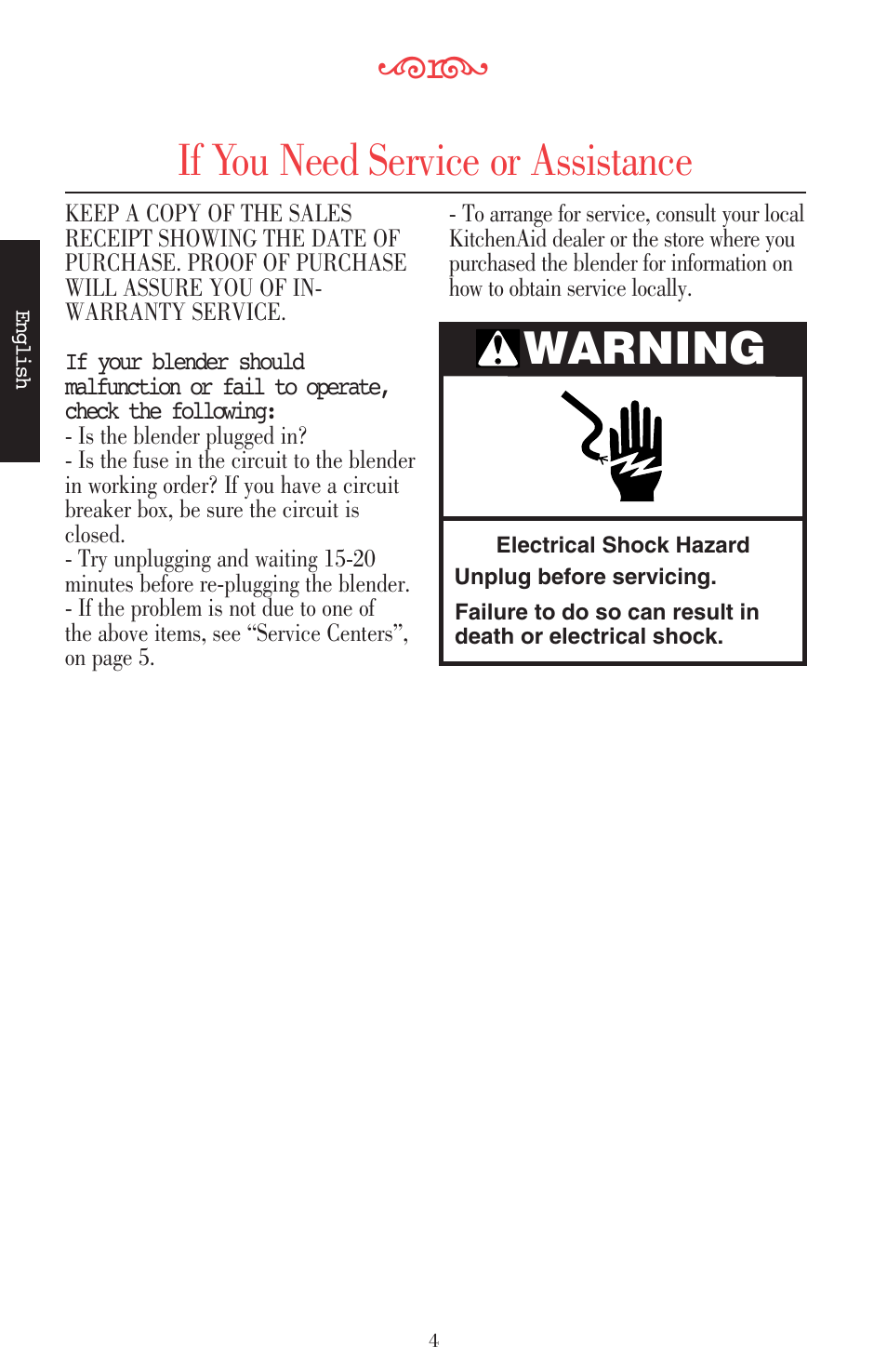 If you need service or assistance, Warning | KITCHENAID ULTRA POWER 5KSB52XXXX User Manual | Page 27 / 255