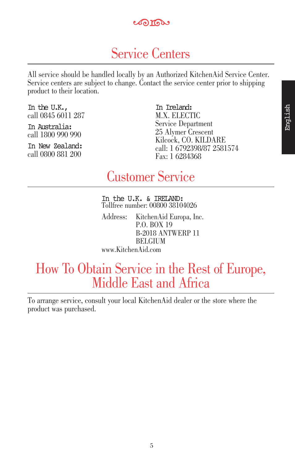 Service centers | KITCHENAID ULTRA POWER 5KSB52XXXX User Manual | Page 28 / 255