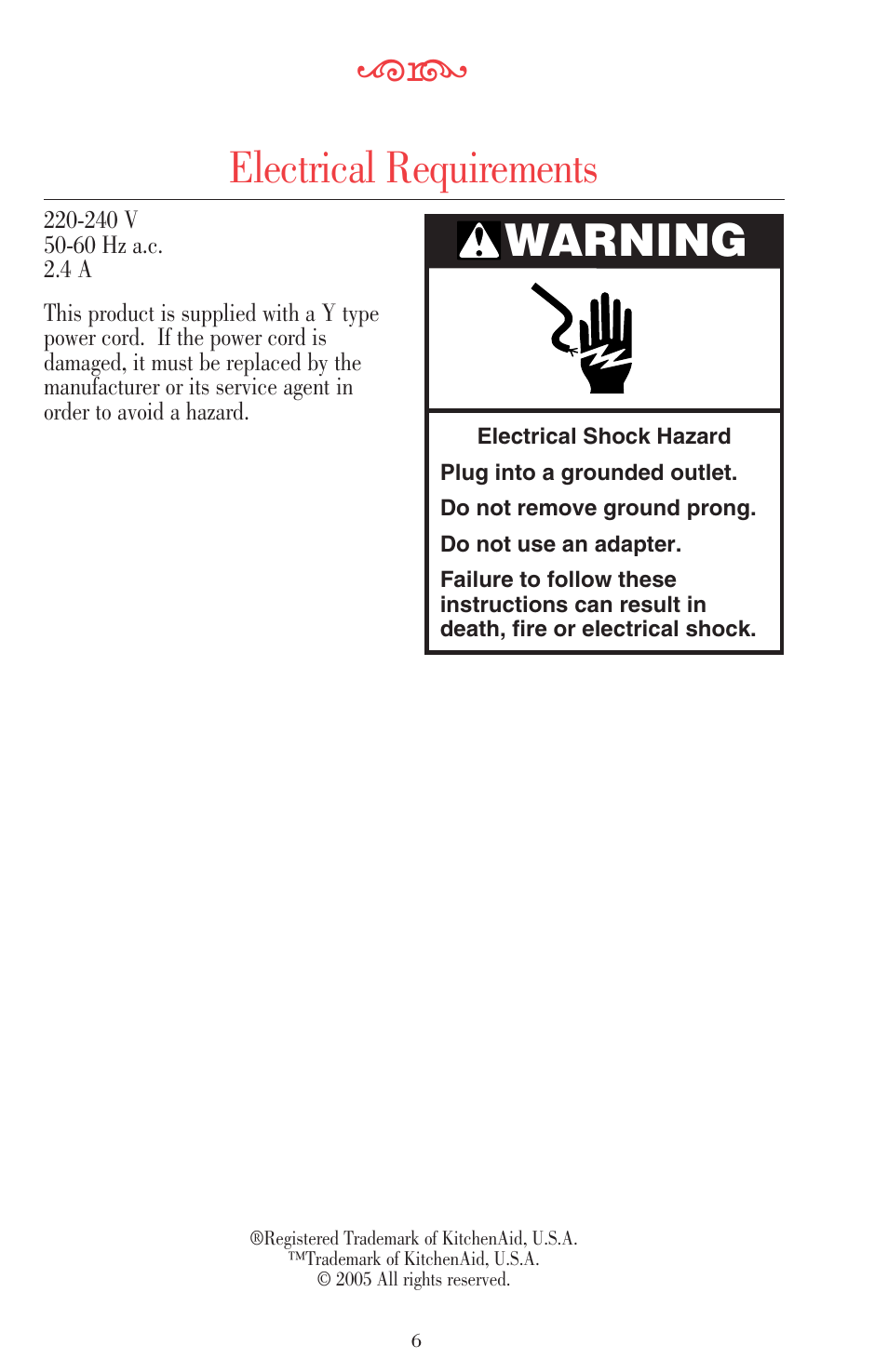 Electrical requirements, Warning | KITCHENAID ULTRA POWER 5KSB52XXXX User Manual | Page 29 / 255