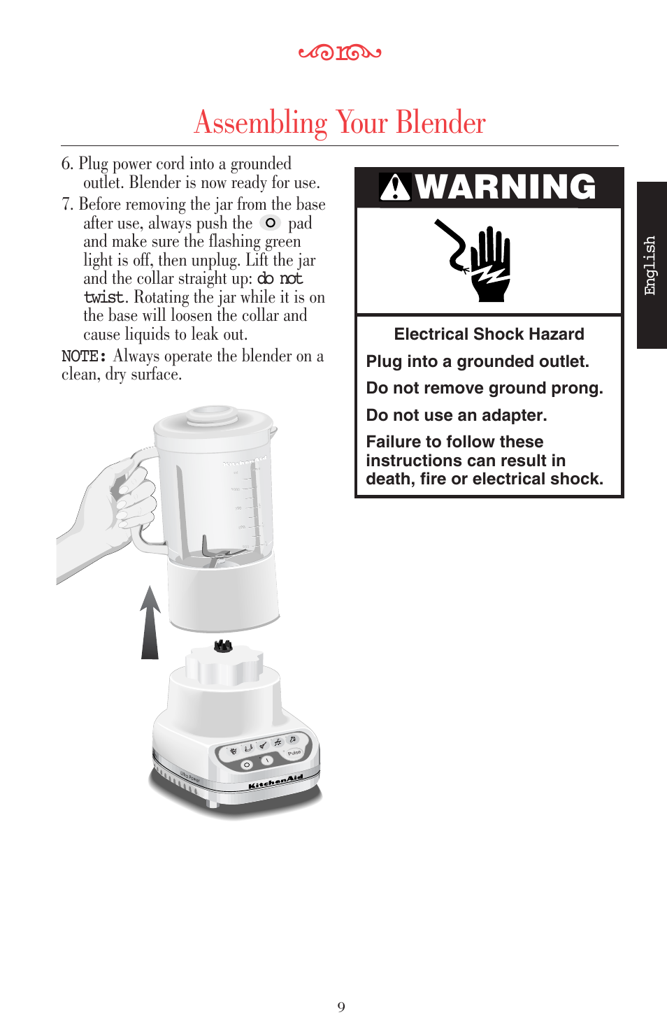 Assembling your blender, Warning, English | KITCHENAID ULTRA POWER 5KSB52XXXX User Manual | Page 32 / 255