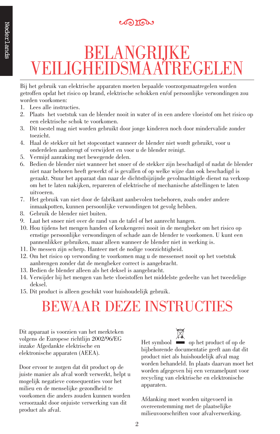 Belangrijke veiligheidsmaatregelen, Bewaar deze instructies | KITCHENAID ULTRA POWER 5KSB52XXXX User Manual | Page 4 / 255