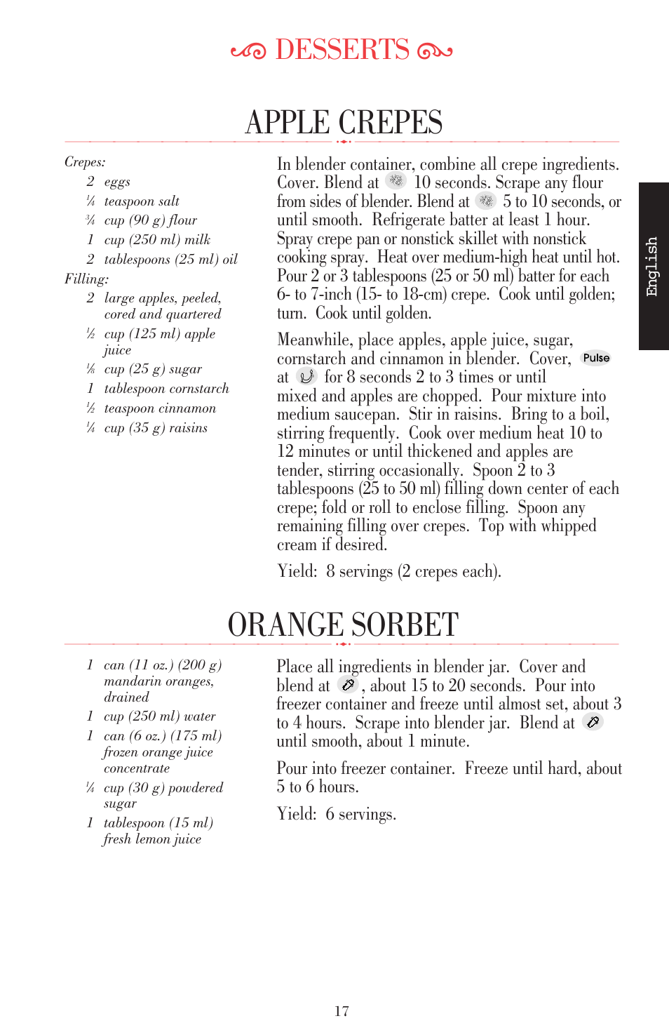 Orange sorbet, Apple crepes, Ķ desserts ĸ | KITCHENAID ULTRA POWER 5KSB52XXXX User Manual | Page 40 / 255