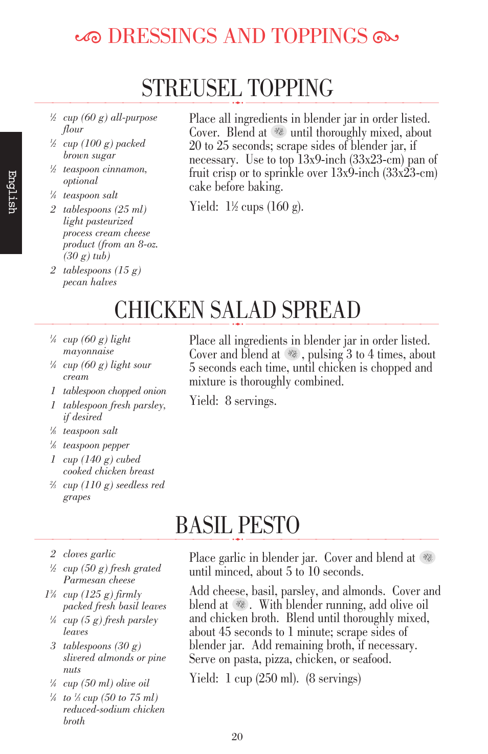 Chicken salad spread, Streusel topping, Basil pesto | Ķ dressings and toppings ĸ, Cups (160 g), English | KITCHENAID ULTRA POWER 5KSB52XXXX User Manual | Page 43 / 255