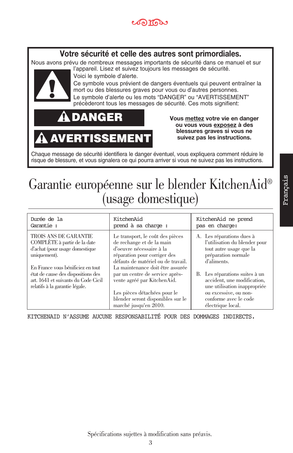 Garantie européenne sur le blender kitchenaid, Usage domestique), Avertissement | Danger | KITCHENAID ULTRA POWER 5KSB52XXXX User Manual | Page 47 / 255