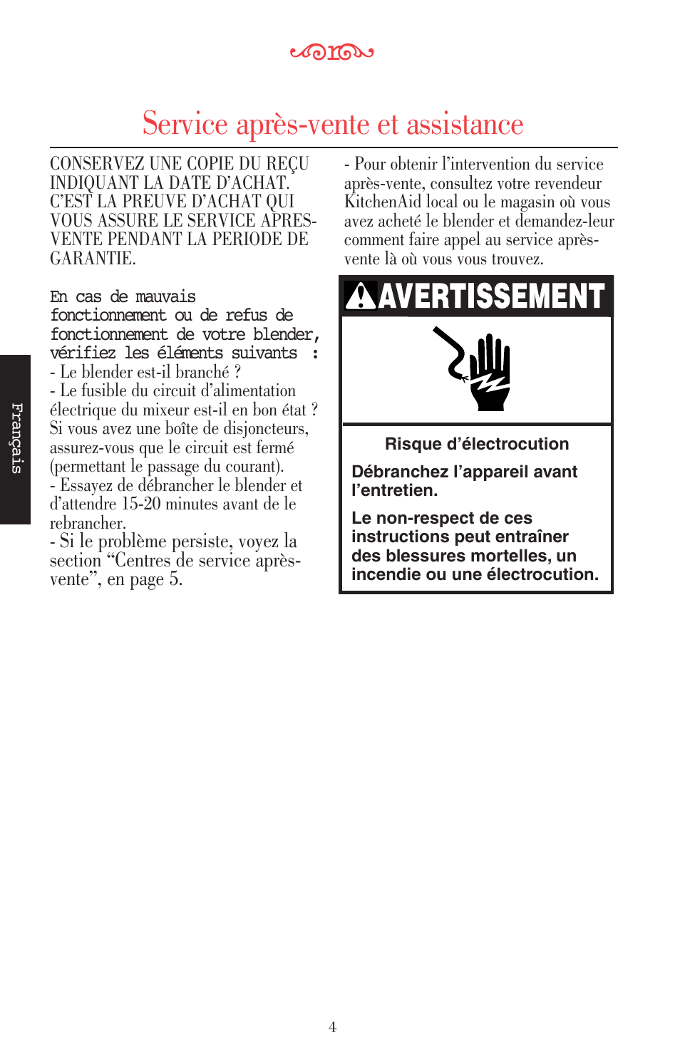 Service après-vente et assistance | KITCHENAID ULTRA POWER 5KSB52XXXX User Manual | Page 48 / 255