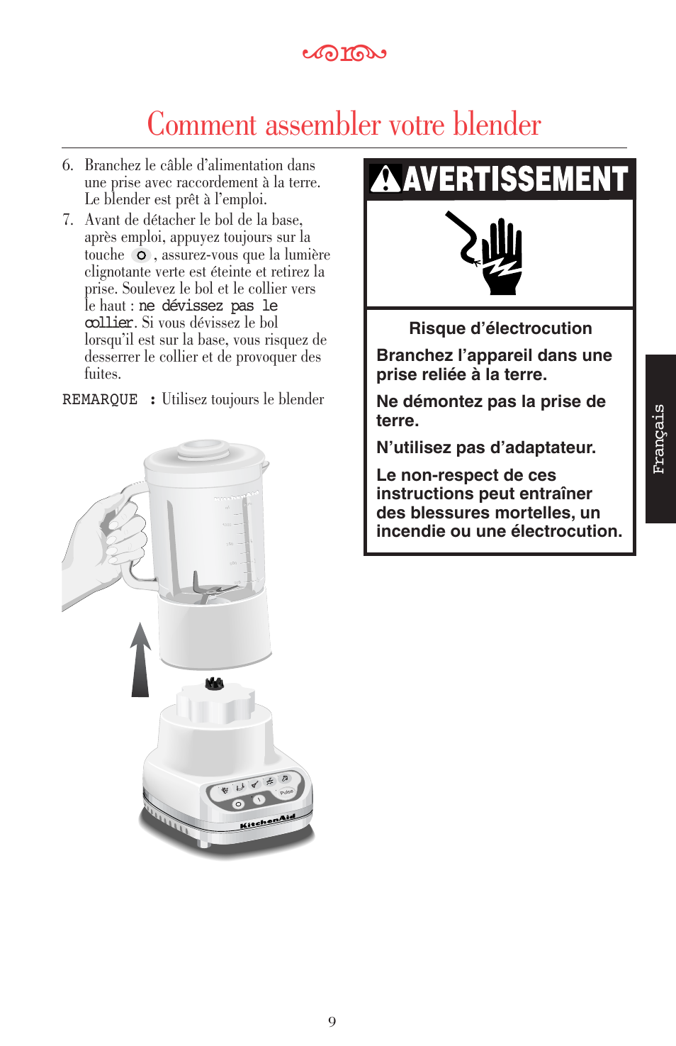 Comment assembler votre blender, Français | KITCHENAID ULTRA POWER 5KSB52XXXX User Manual | Page 53 / 255