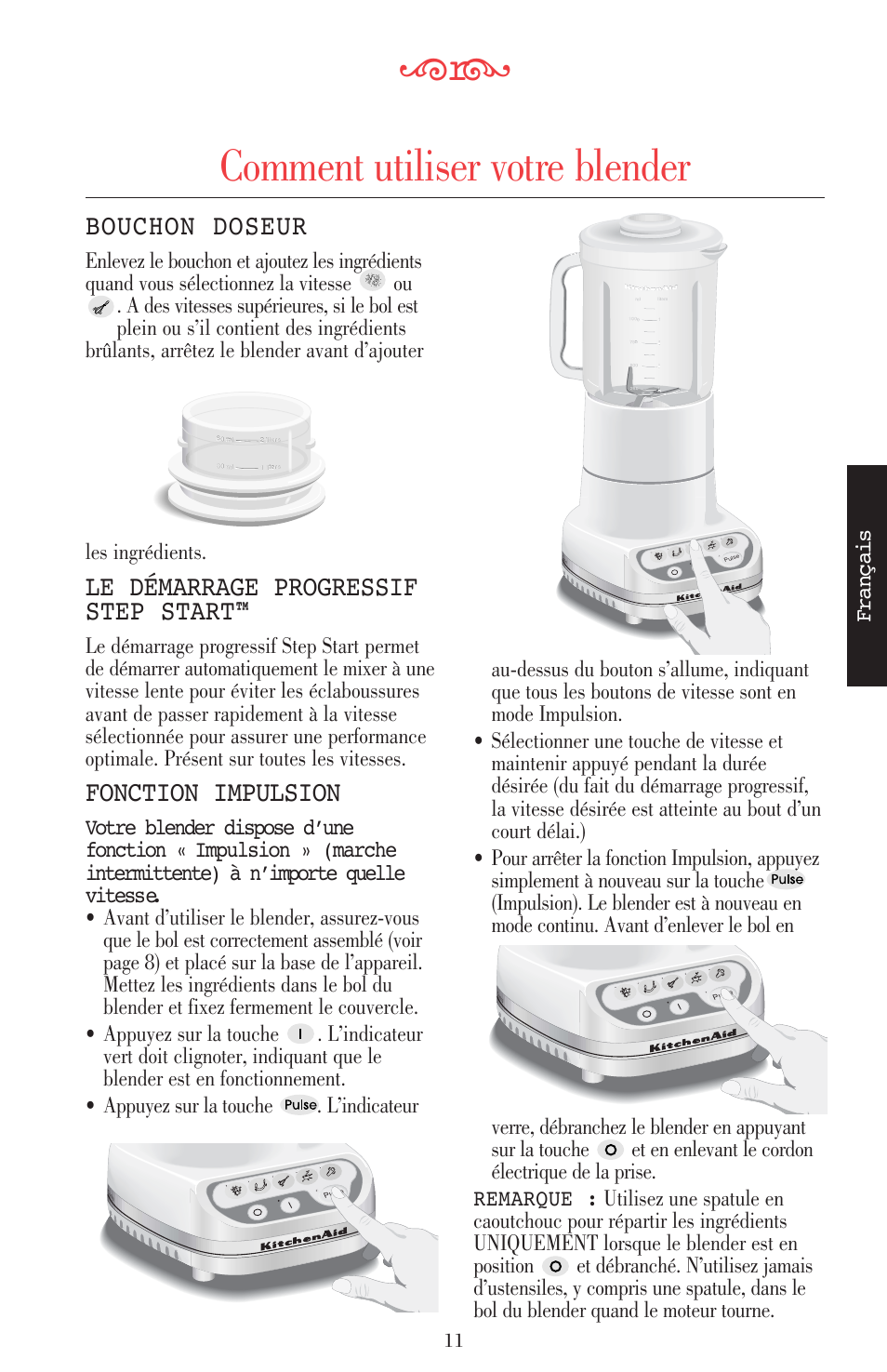 Comment utiliser votre blender, Bouchon doseur, Le démarrage progressif step start | Fonction impulsion, Français | KITCHENAID ULTRA POWER 5KSB52XXXX User Manual | Page 55 / 255