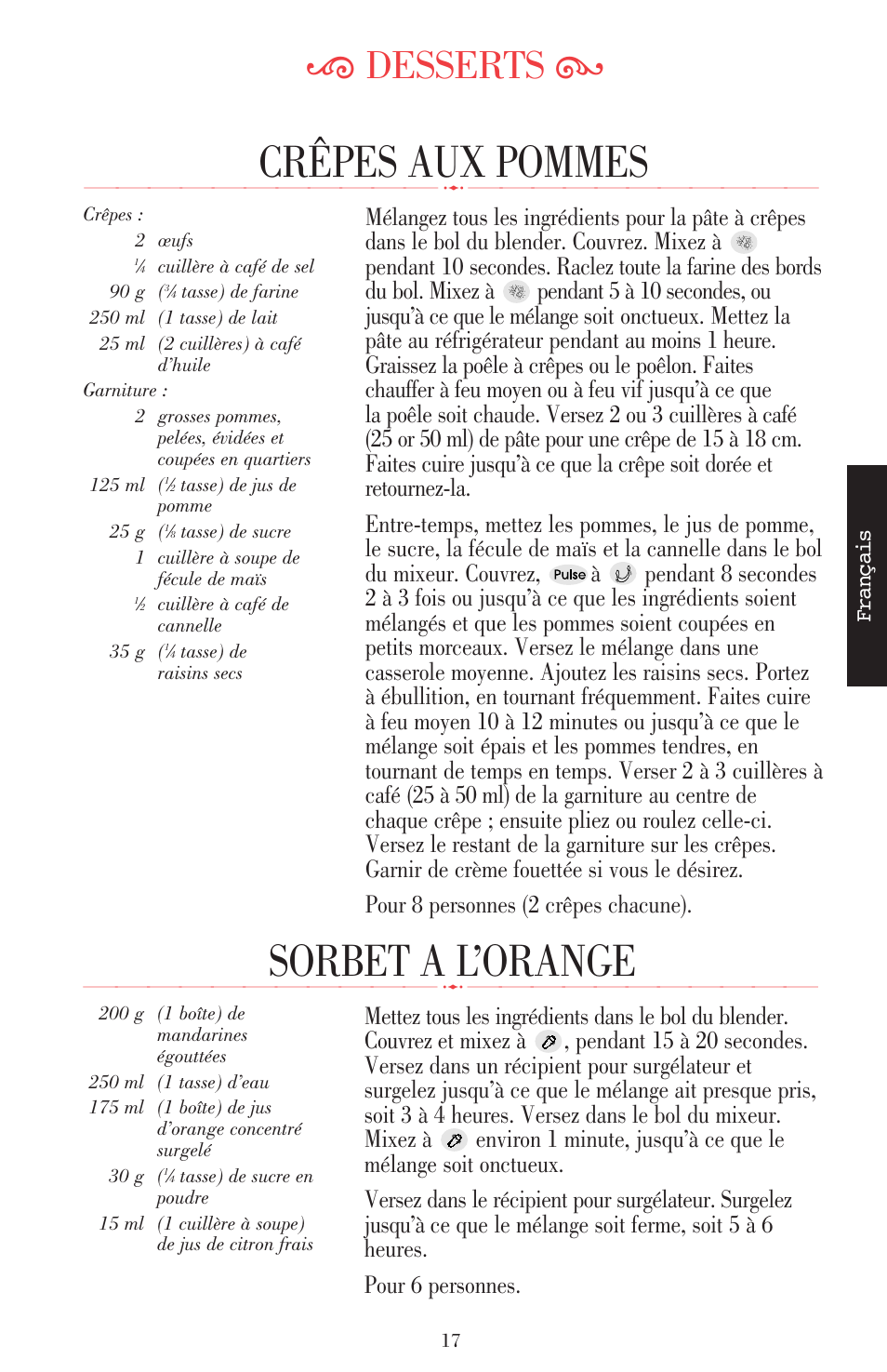 Sorbet a l’orange, Crêpes aux pommes, Ķ desserts ĸ | KITCHENAID ULTRA POWER 5KSB52XXXX User Manual | Page 61 / 255
