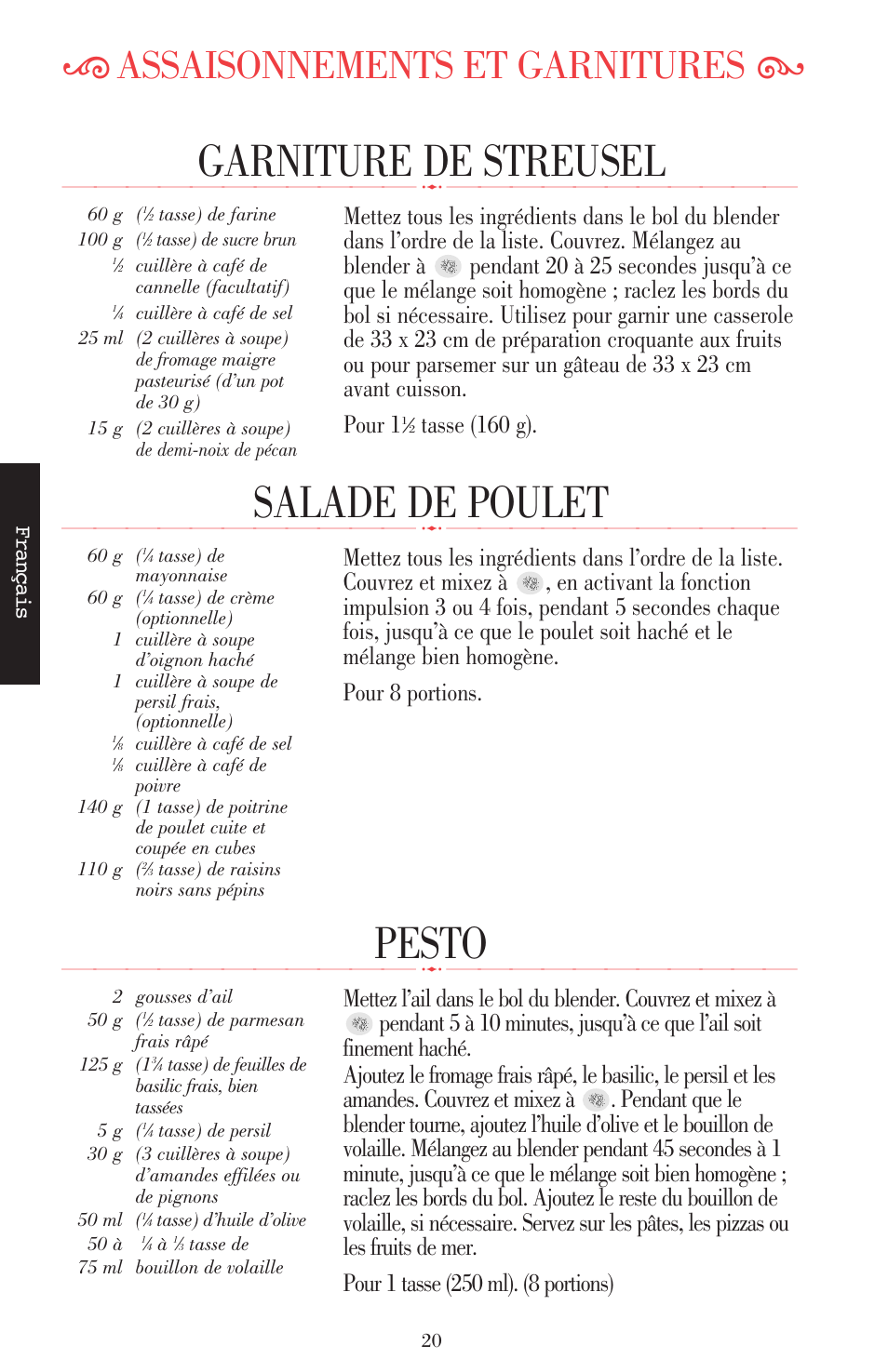 Pesto, Salade de poulet, Garniture de streusel | Ķ assaisonnements et garnitures ĸ, Tasse (160 g), Français | KITCHENAID ULTRA POWER 5KSB52XXXX User Manual | Page 64 / 255