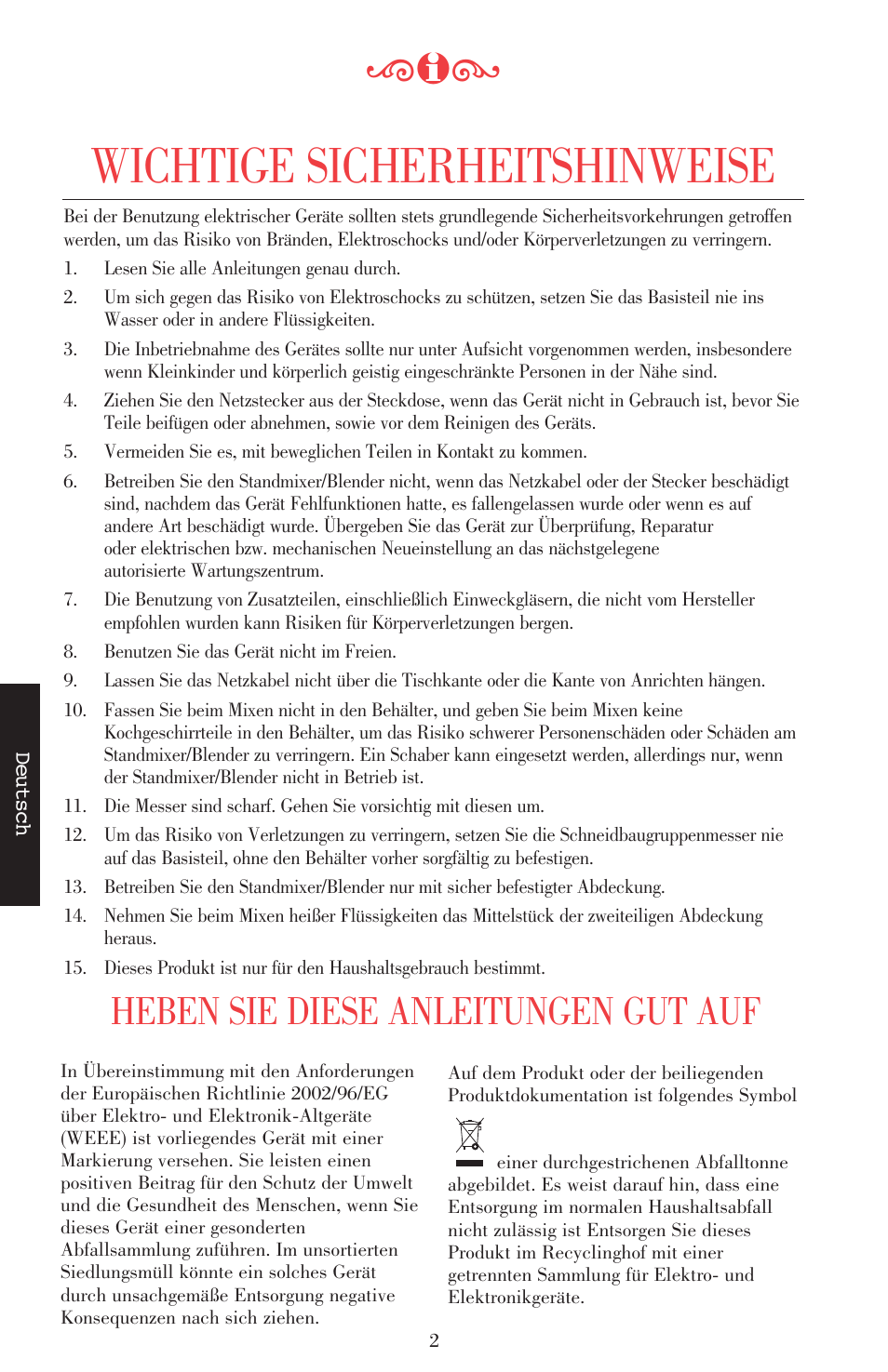Wichtige sicherheitshinweise, Ķ℀ĸ heben sie diese anleitungen gut auf | KITCHENAID ULTRA POWER 5KSB52XXXX User Manual | Page 67 / 255