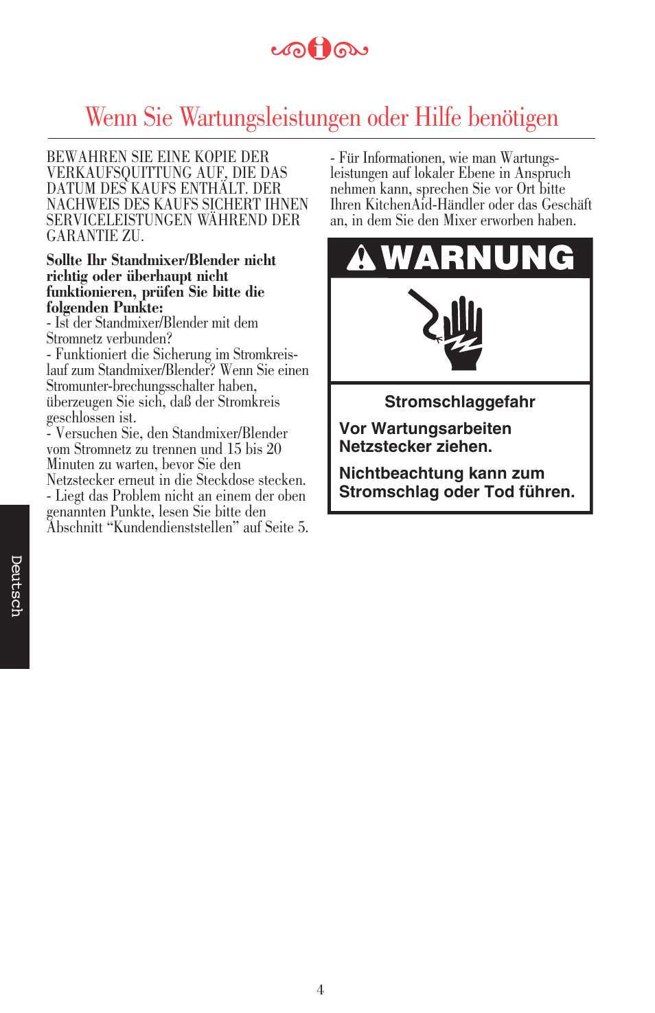 Wenn sie wartungsleistungen oder hilfe benötigen | KITCHENAID ULTRA POWER 5KSB52XXXX User Manual | Page 69 / 255