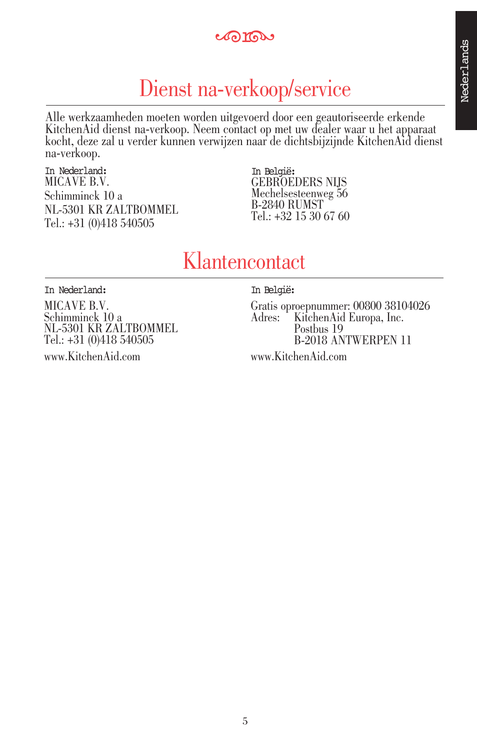 Dienst na-verkoop/service, Klantencontact | KITCHENAID ULTRA POWER 5KSB52XXXX User Manual | Page 7 / 255