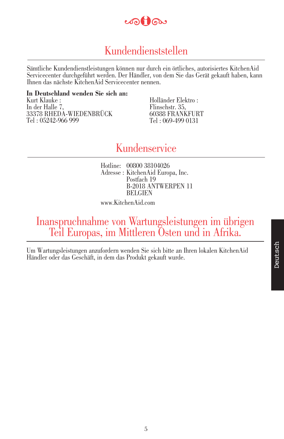 Kundendienststellen, Kundenservice | KITCHENAID ULTRA POWER 5KSB52XXXX User Manual | Page 70 / 255