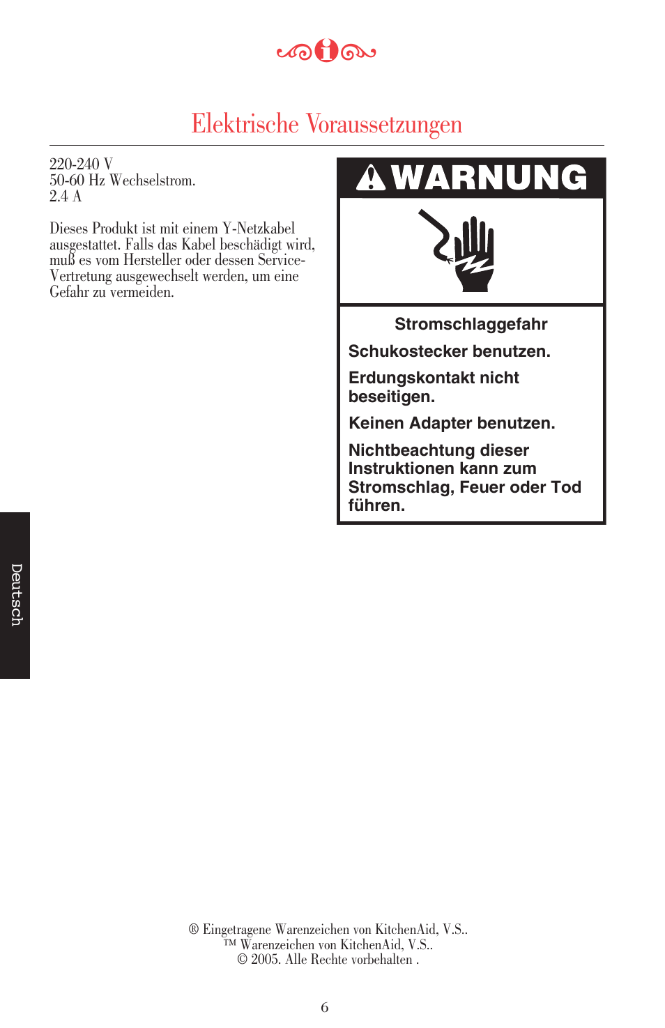 Elektrische voraussetzungen | KITCHENAID ULTRA POWER 5KSB52XXXX User Manual | Page 71 / 255