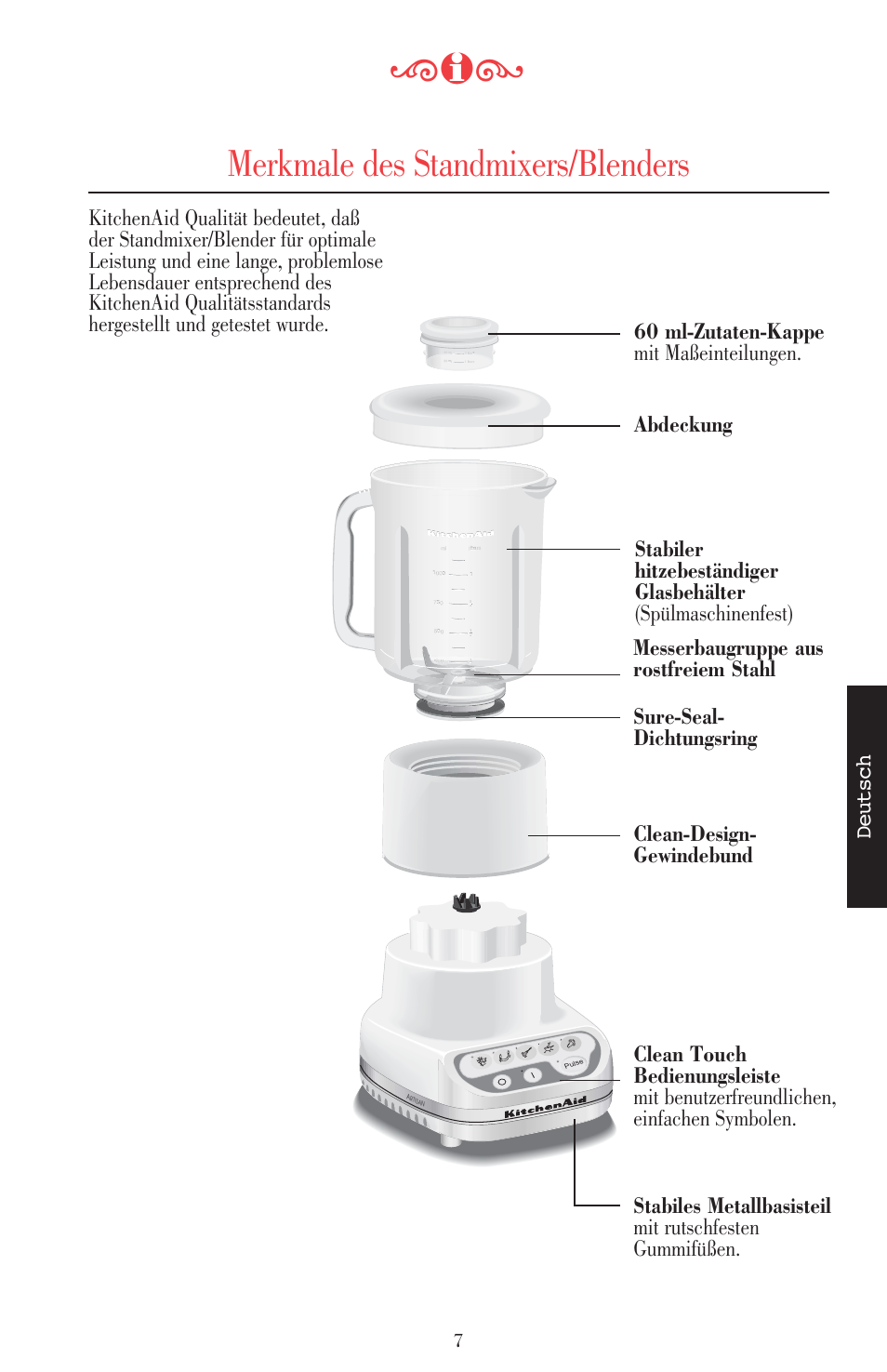 Merkmale des standmixers/blenders, Deutsch | KITCHENAID ULTRA POWER 5KSB52XXXX User Manual | Page 72 / 255