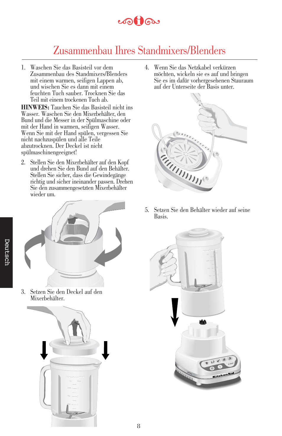 Zusammenbau ihres standmixers/blenders, Deutsch | KITCHENAID ULTRA POWER 5KSB52XXXX User Manual | Page 73 / 255