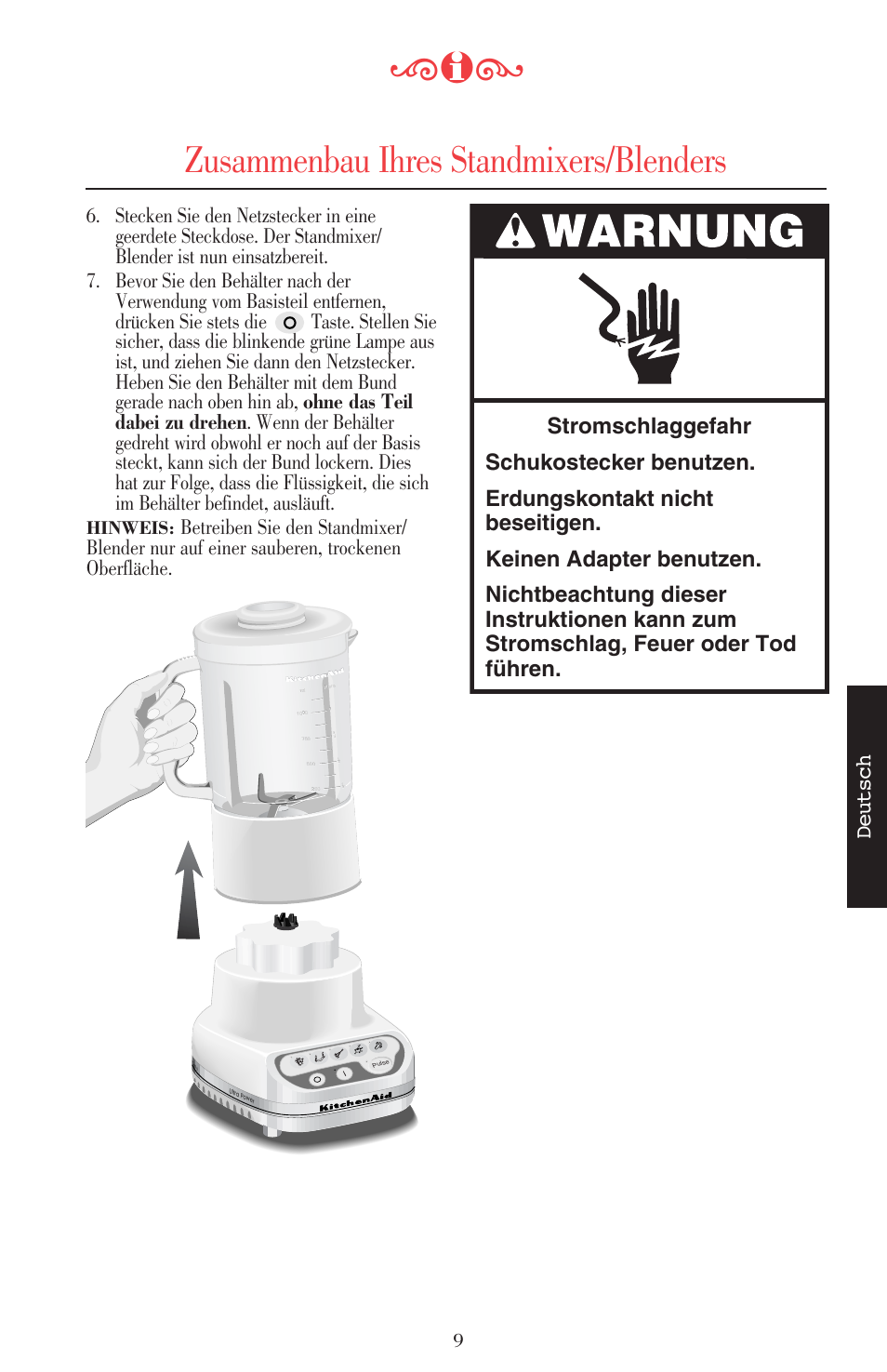 Zusammenbau ihres standmixers/blenders, Deutsch, Hinweis | KITCHENAID ULTRA POWER 5KSB52XXXX User Manual | Page 74 / 255