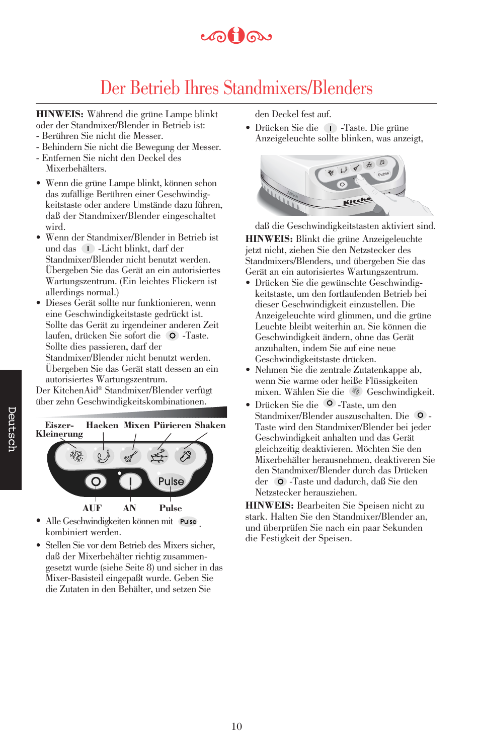 Der betrieb ihres standmixers/blenders, Deutsch | KITCHENAID ULTRA POWER 5KSB52XXXX User Manual | Page 75 / 255