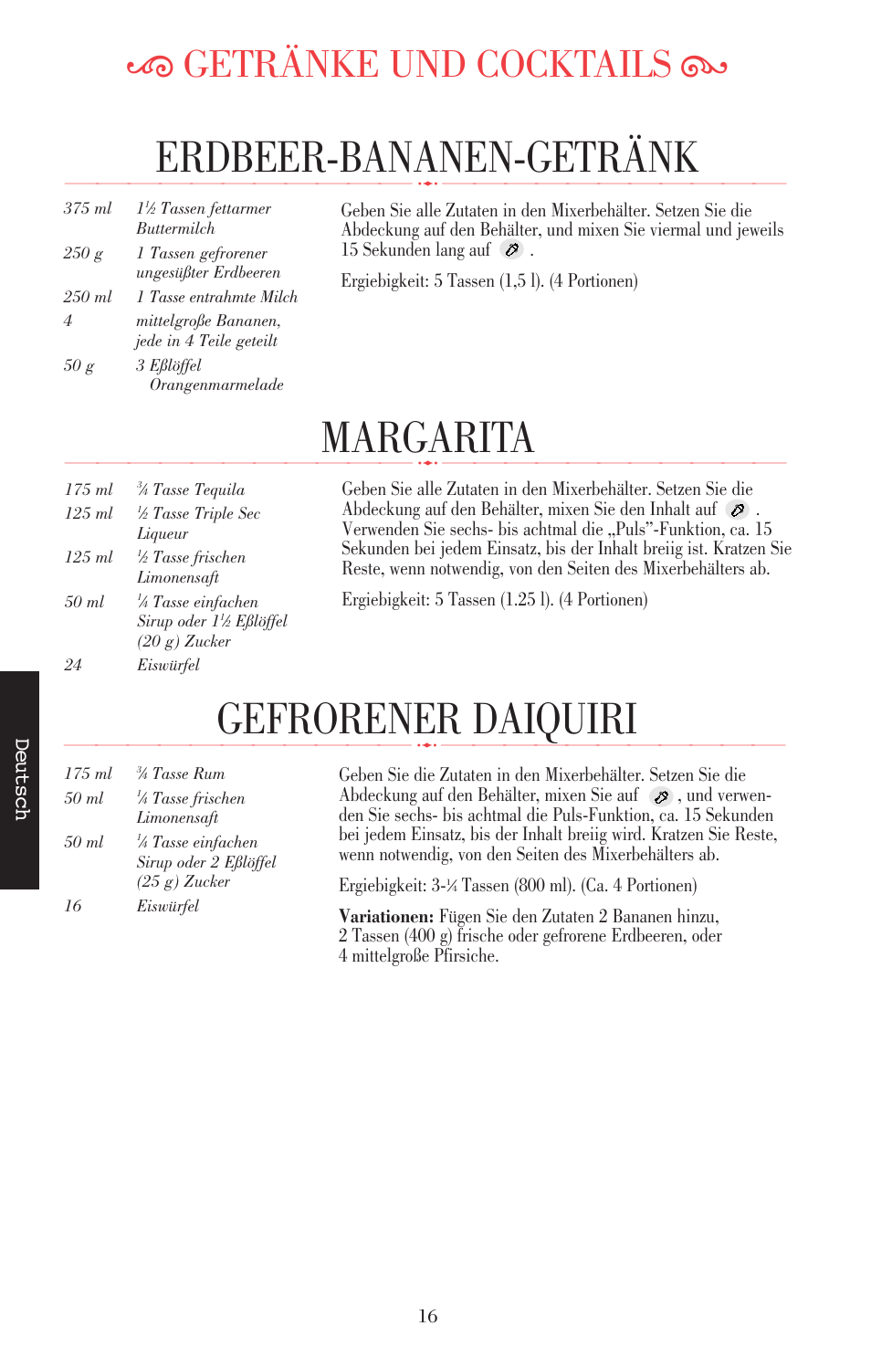 Erdbeer-bananen-getränk, Margarita, Gefrorener daiquiri | Ķ getränke und cocktails ĸ, Deutsch | KITCHENAID ULTRA POWER 5KSB52XXXX User Manual | Page 81 / 255