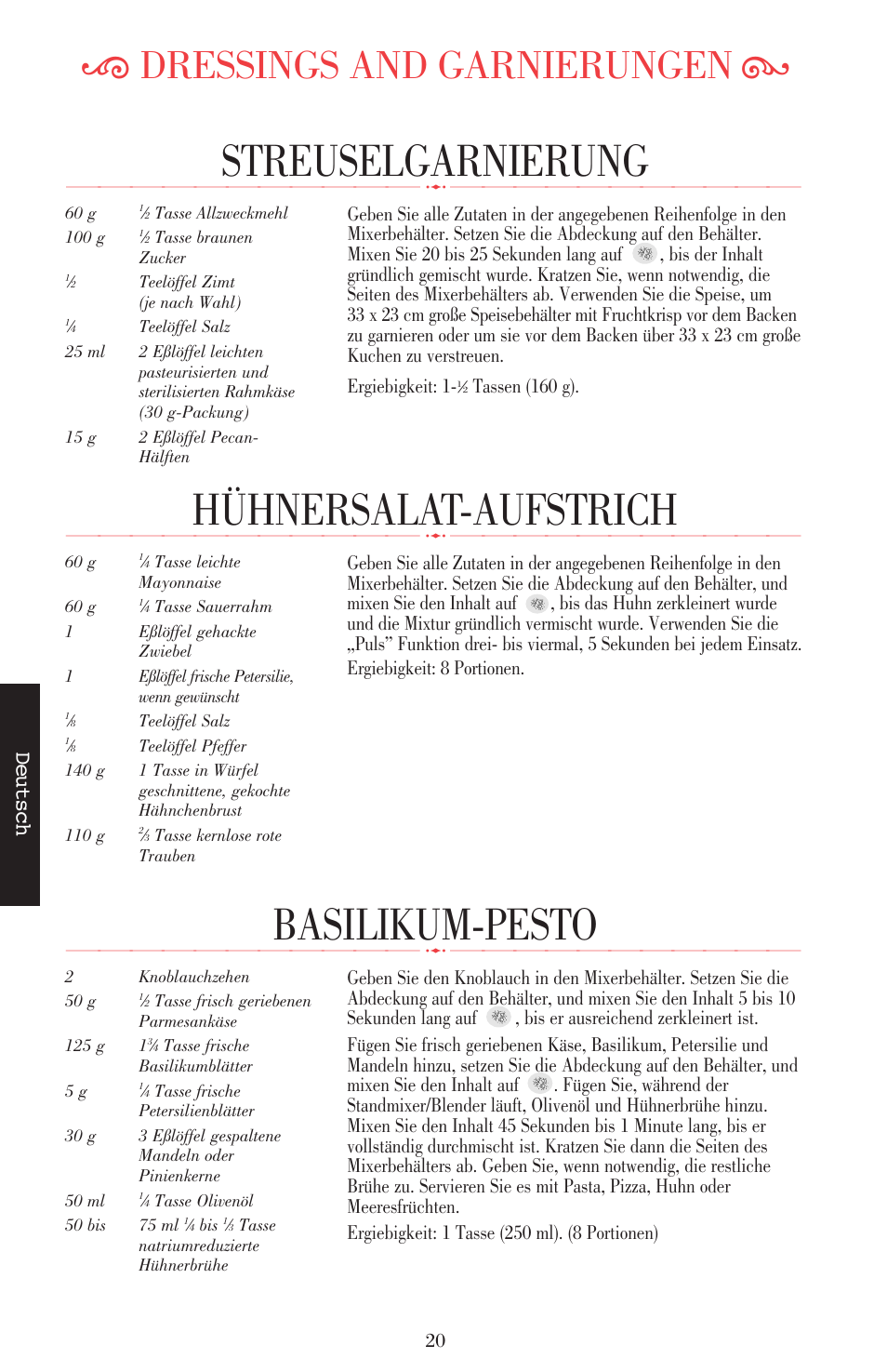 Basilikum-pesto, Hühnersalat-aufstrich, Streuselgarnierung | Ķ dressings and garnierungen ĸ, Deutsch, Tassen (160 g) | KITCHENAID ULTRA POWER 5KSB52XXXX User Manual | Page 85 / 255