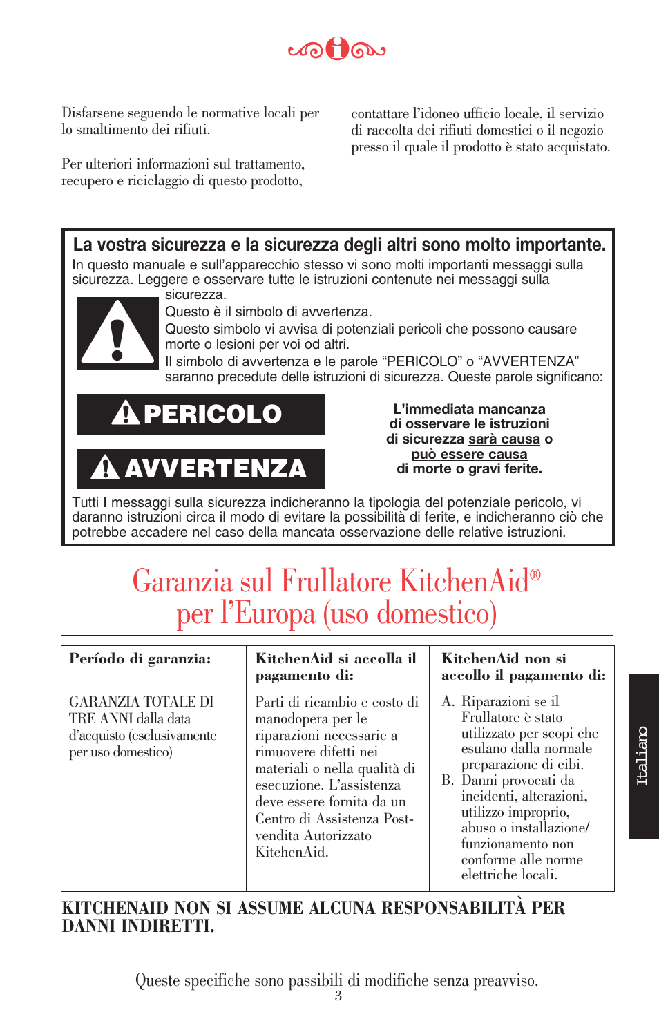 Garanzia sul frullatore kitchenaid, Per l’europa (uso domestico), Avvertenza | Pericolo | KITCHENAID ULTRA POWER 5KSB52XXXX User Manual | Page 89 / 255