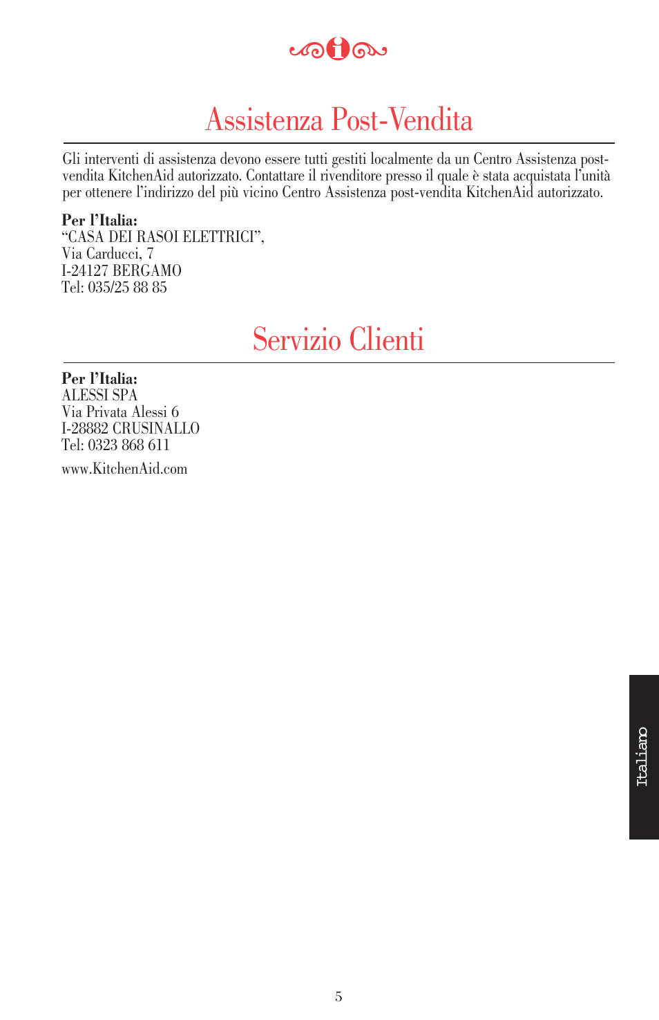 Assistenza post-vendita, Servizio clienti | KITCHENAID ULTRA POWER 5KSB52XXXX User Manual | Page 91 / 255