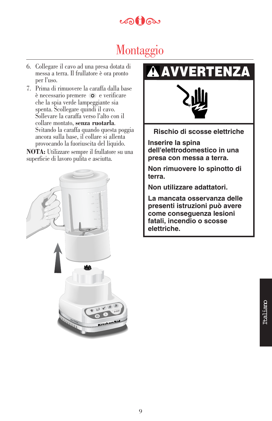 Montaggio, Italiano | KITCHENAID ULTRA POWER 5KSB52XXXX User Manual | Page 95 / 255