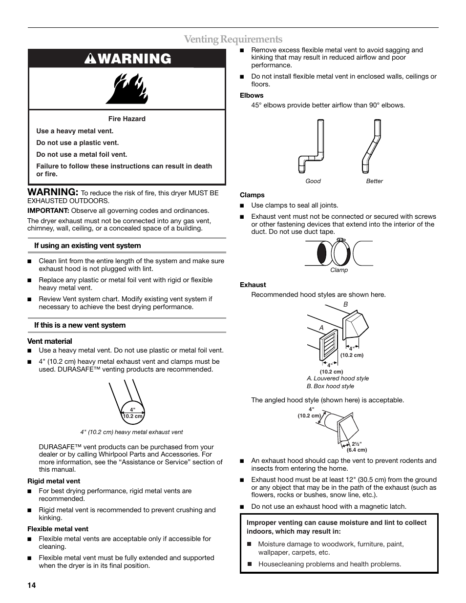 Venting requirements, Warning | KITCHENAID FRONT-LOADING ELECTRIC DRYER User Manual | Page 14 / 76