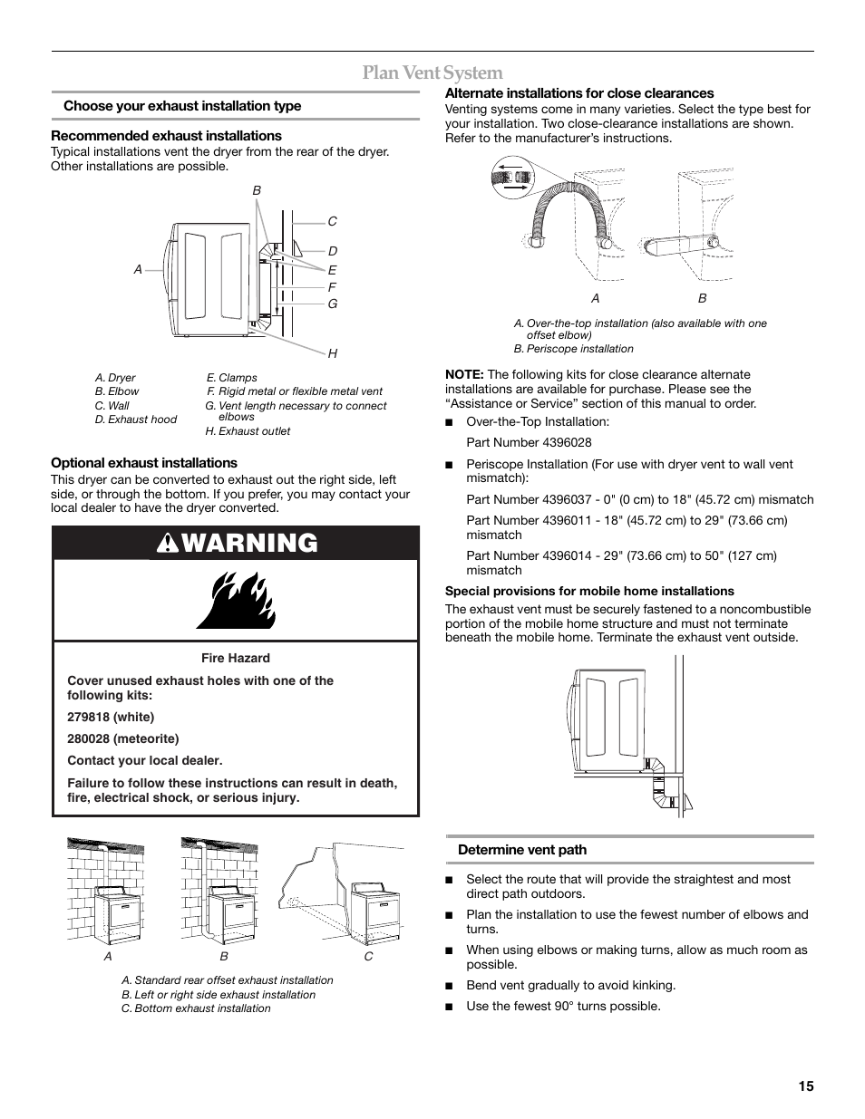 Warning, Plan vent system | KITCHENAID FRONT-LOADING ELECTRIC DRYER User Manual | Page 15 / 76
