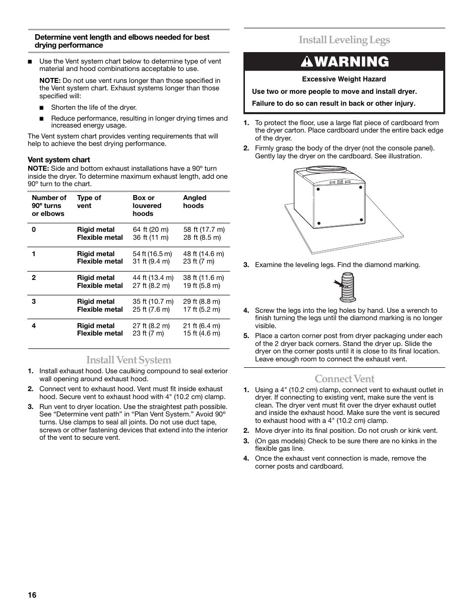 Warning, Install vent system, Install leveling legs | Connect vent | KITCHENAID FRONT-LOADING ELECTRIC DRYER User Manual | Page 16 / 76