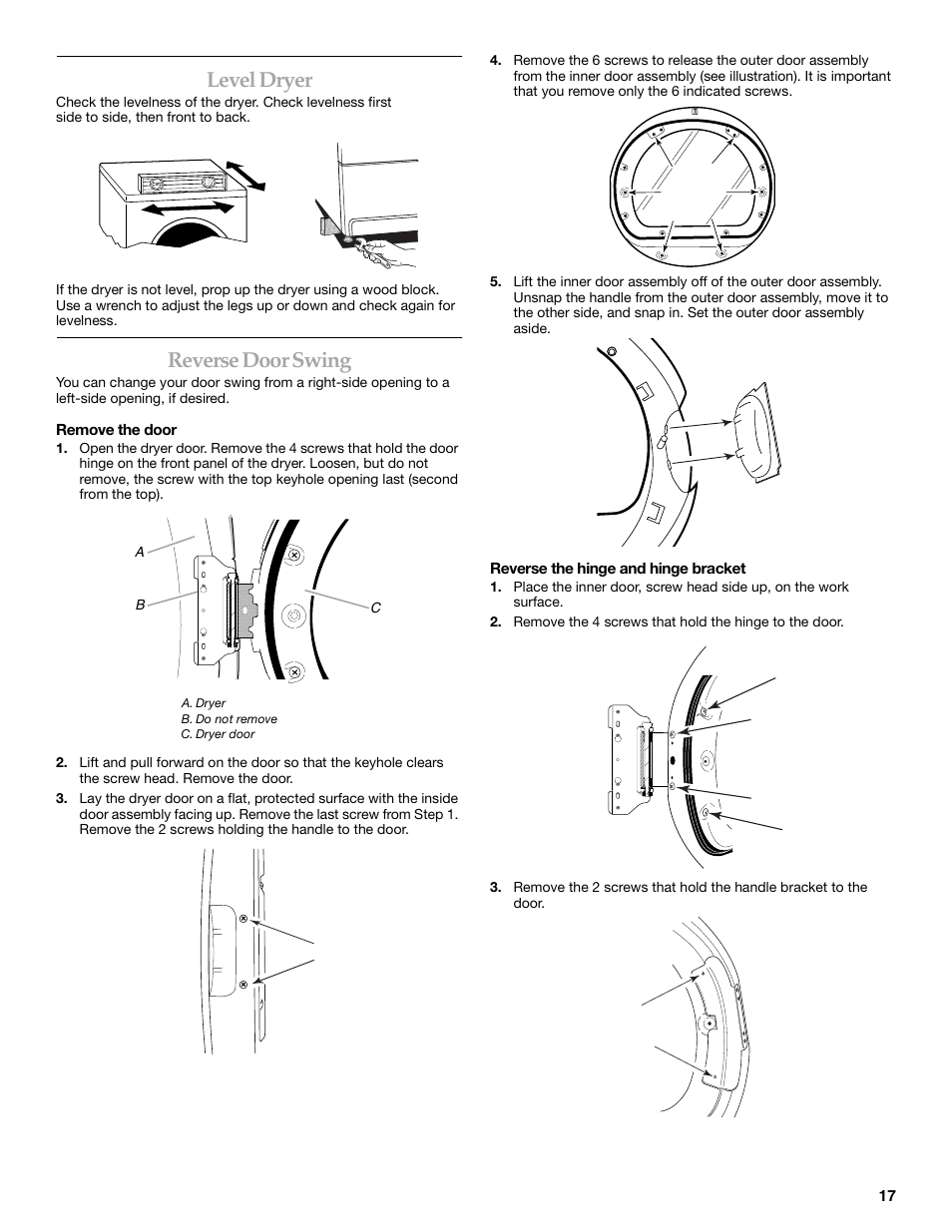 Level dryer, Reverse door swing | KITCHENAID FRONT-LOADING ELECTRIC DRYER User Manual | Page 17 / 76
