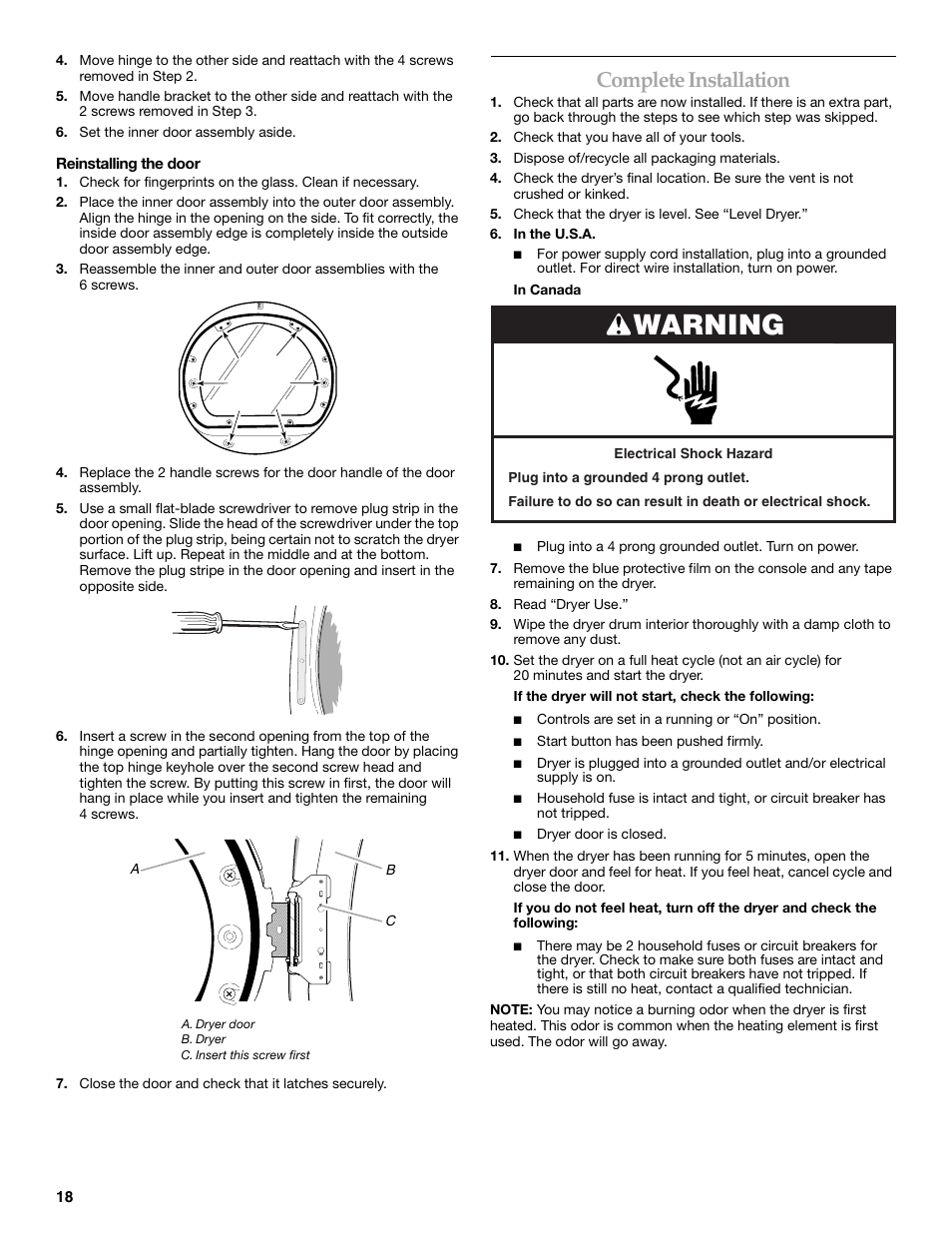 Warning, Complete installation | KITCHENAID FRONT-LOADING ELECTRIC DRYER User Manual | Page 18 / 76