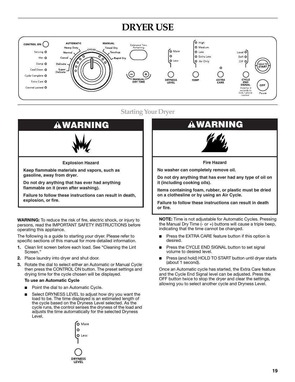 Dryer use, Warning, Starting your dryer | KITCHENAID FRONT-LOADING ELECTRIC DRYER User Manual | Page 19 / 76